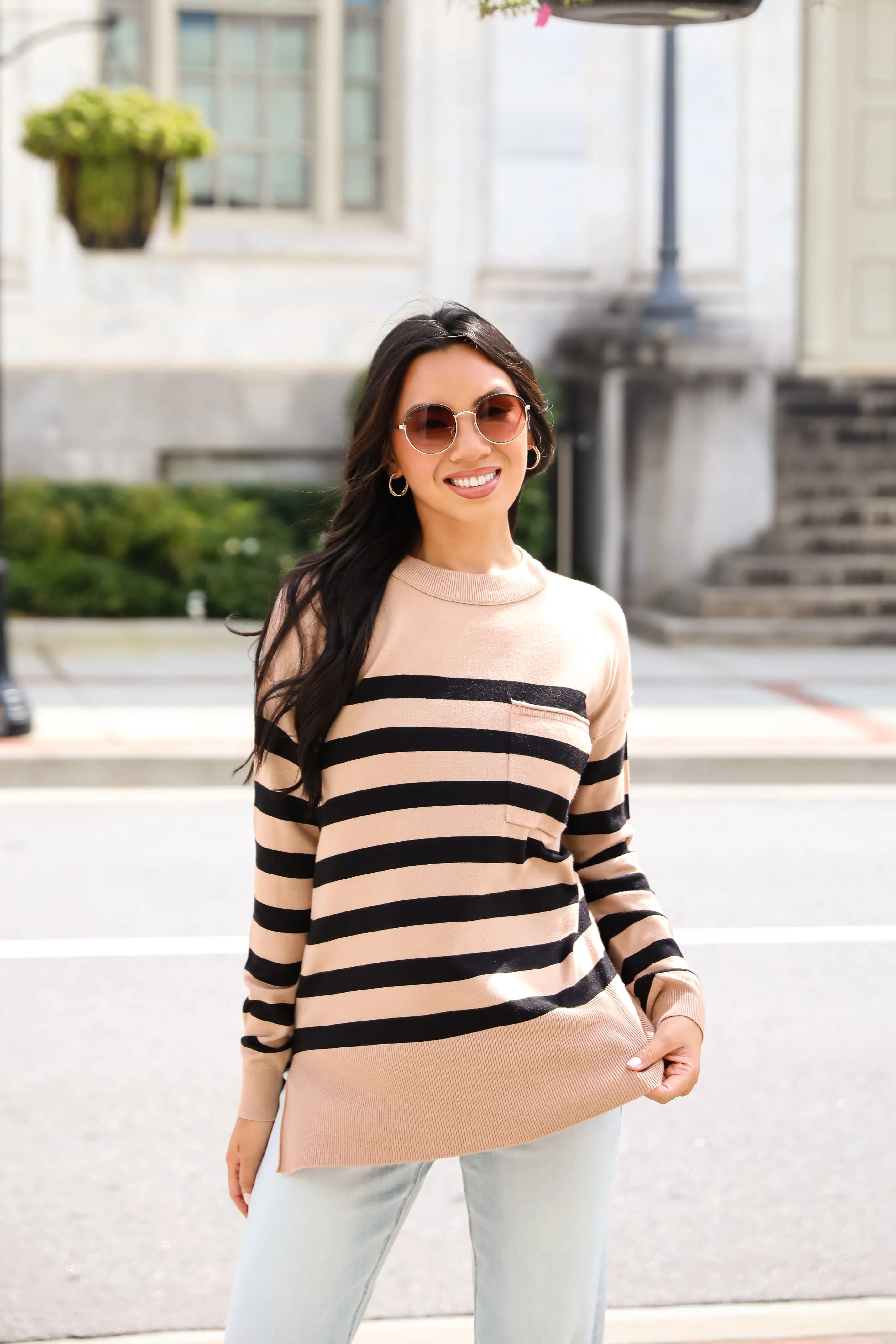 FINAL SALE - Cuddled Up Days Camel Striped Sweater
