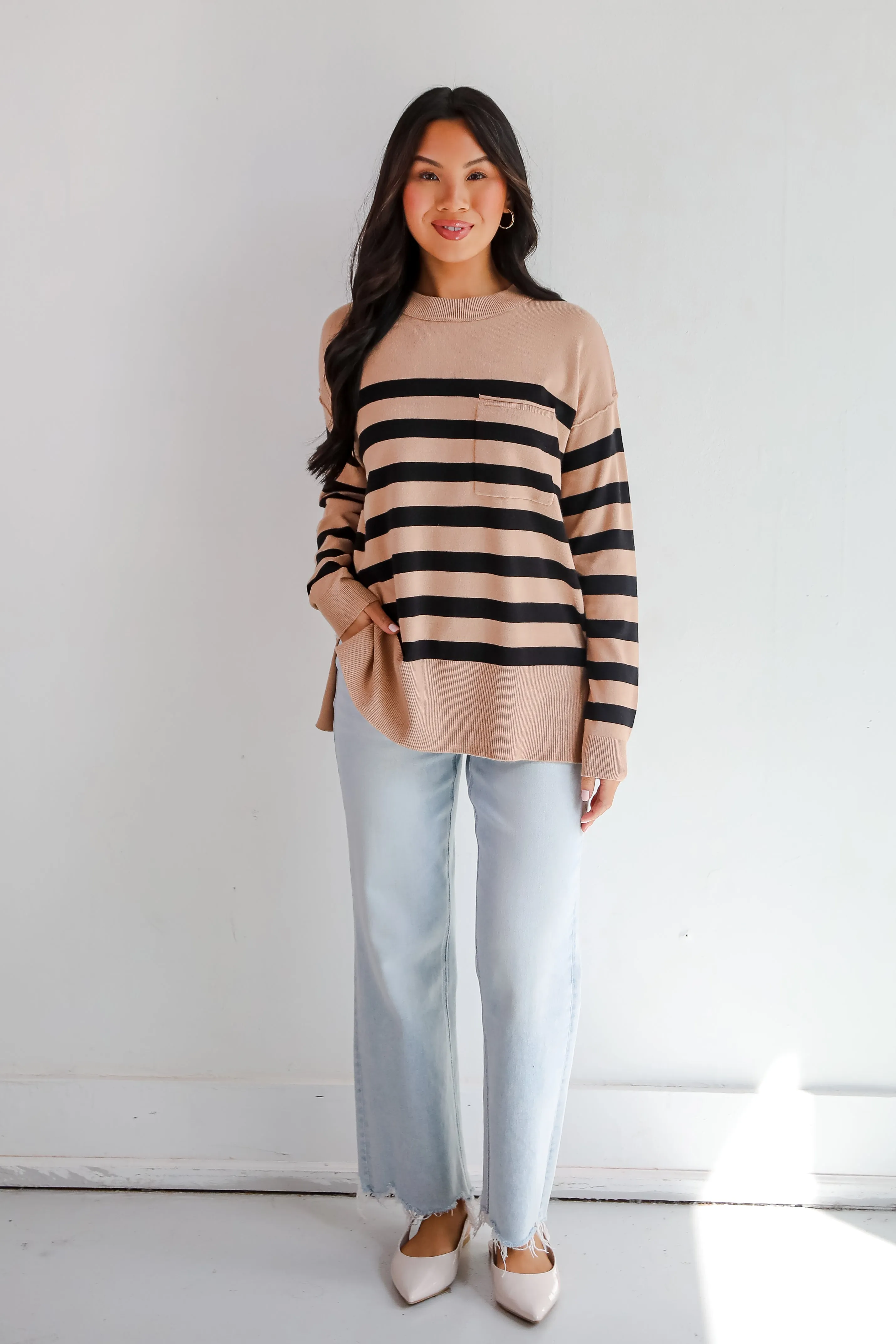 FINAL SALE - Cuddled Up Days Camel Striped Sweater