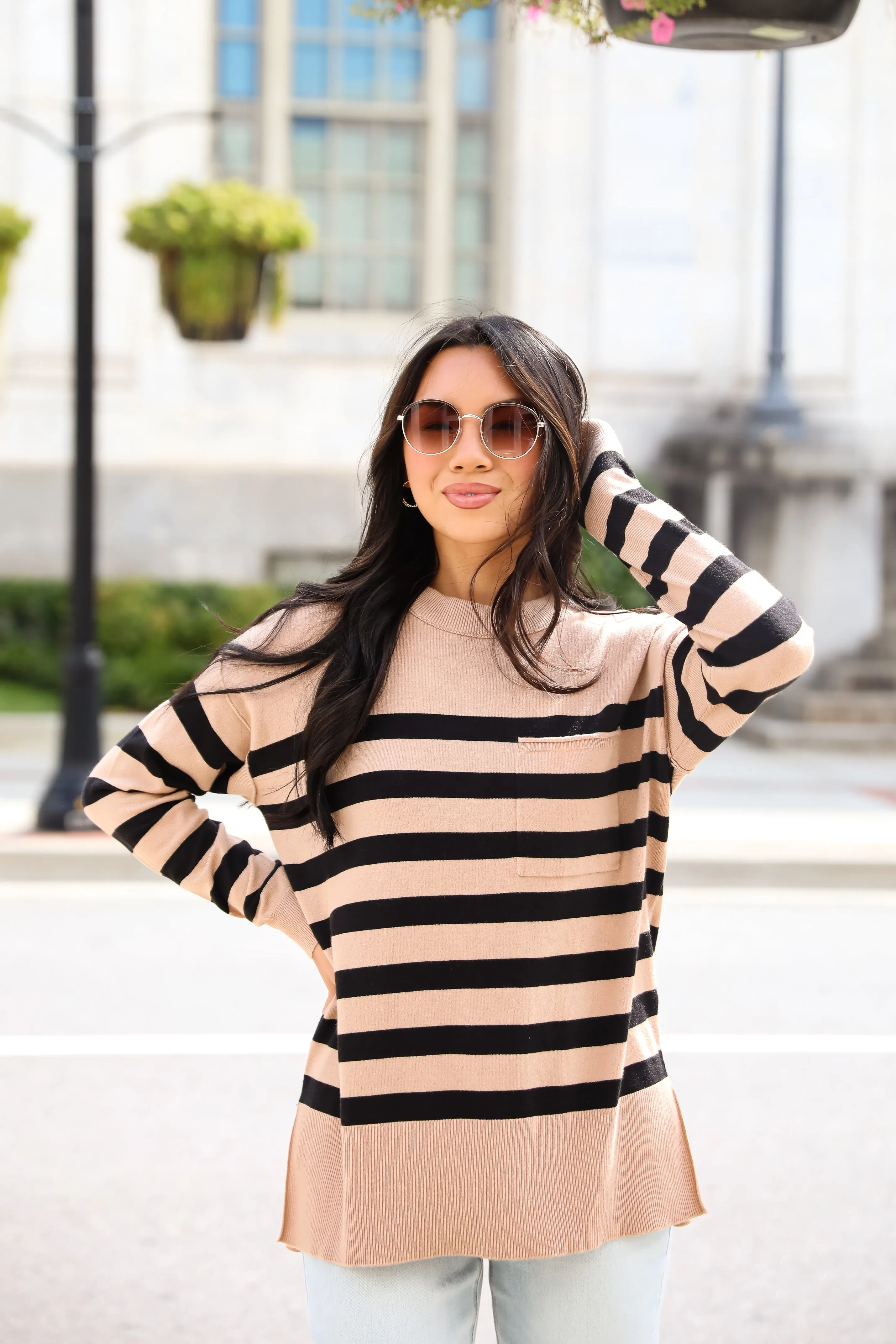 FINAL SALE - Cuddled Up Days Camel Striped Sweater