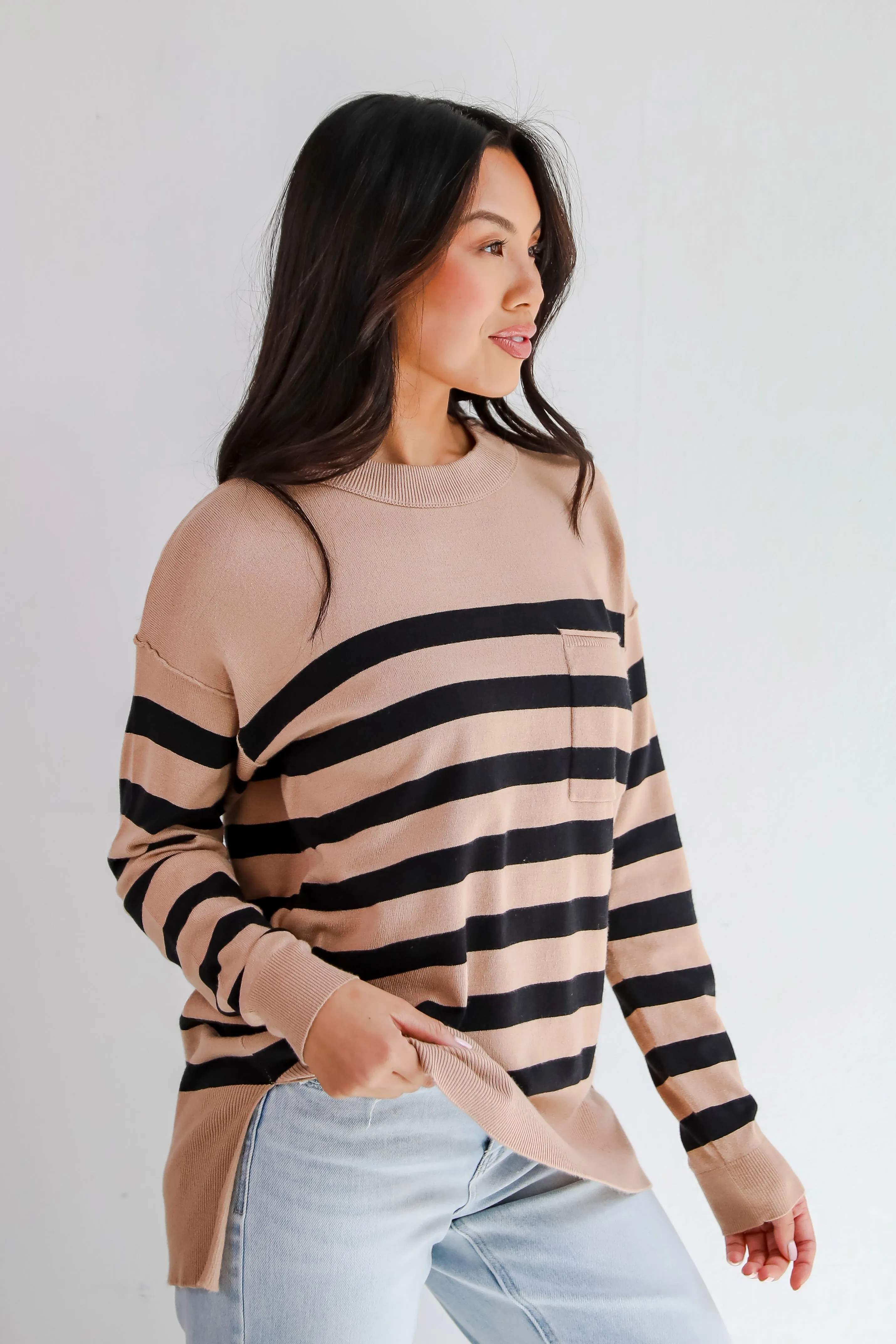 FINAL SALE - Cuddled Up Days Camel Striped Sweater
