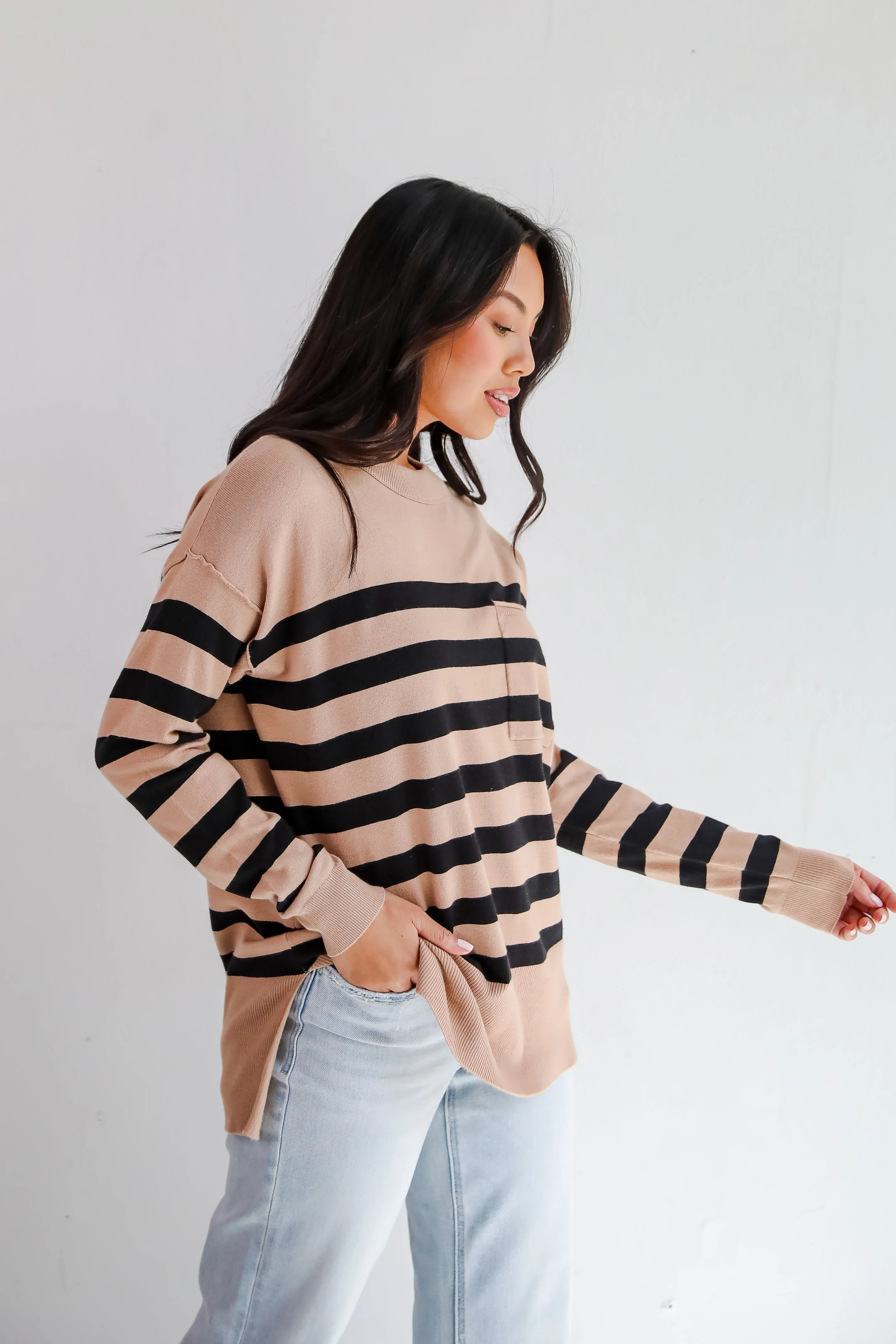 FINAL SALE - Cuddled Up Days Camel Striped Sweater