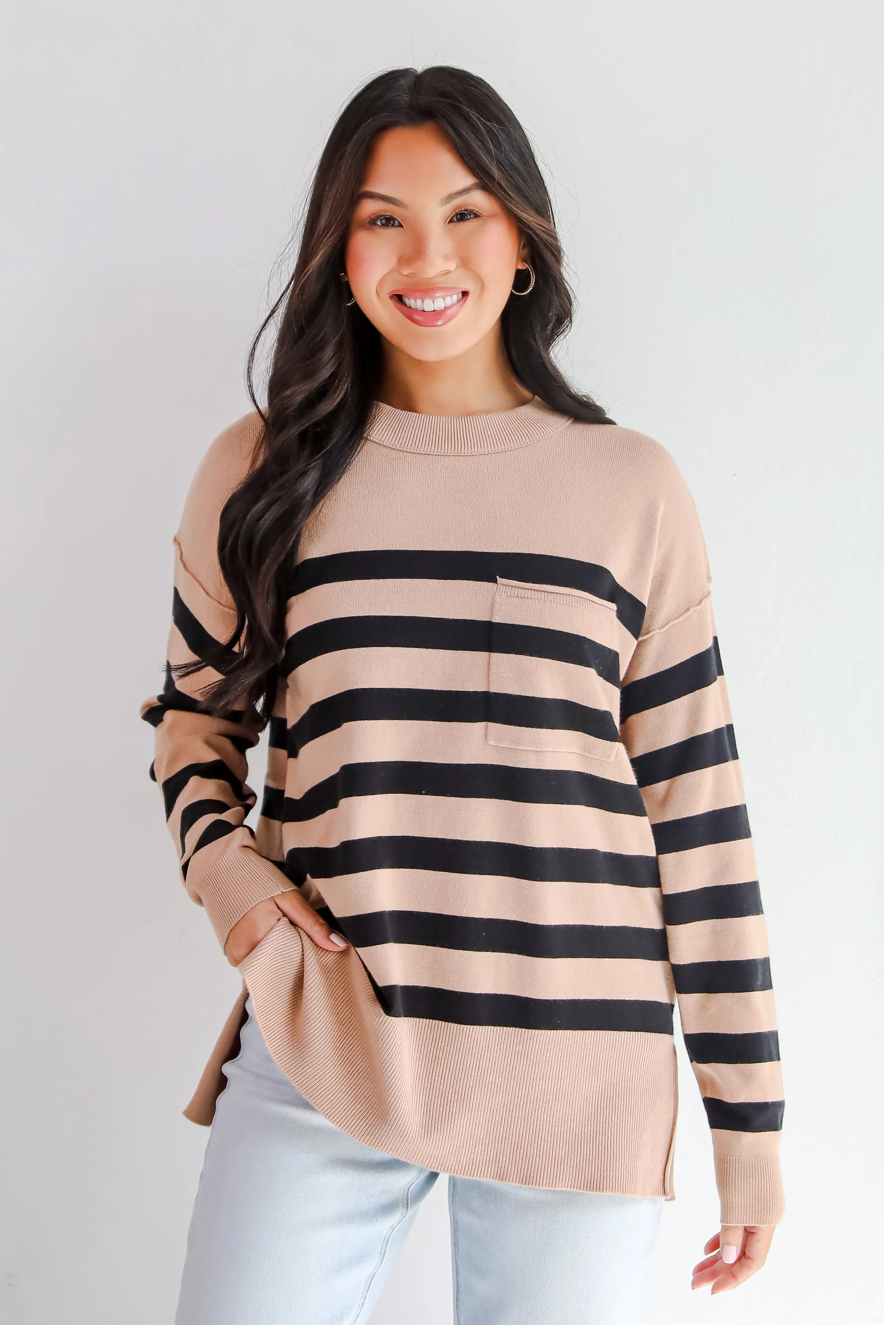 FINAL SALE - Cuddled Up Days Camel Striped Sweater