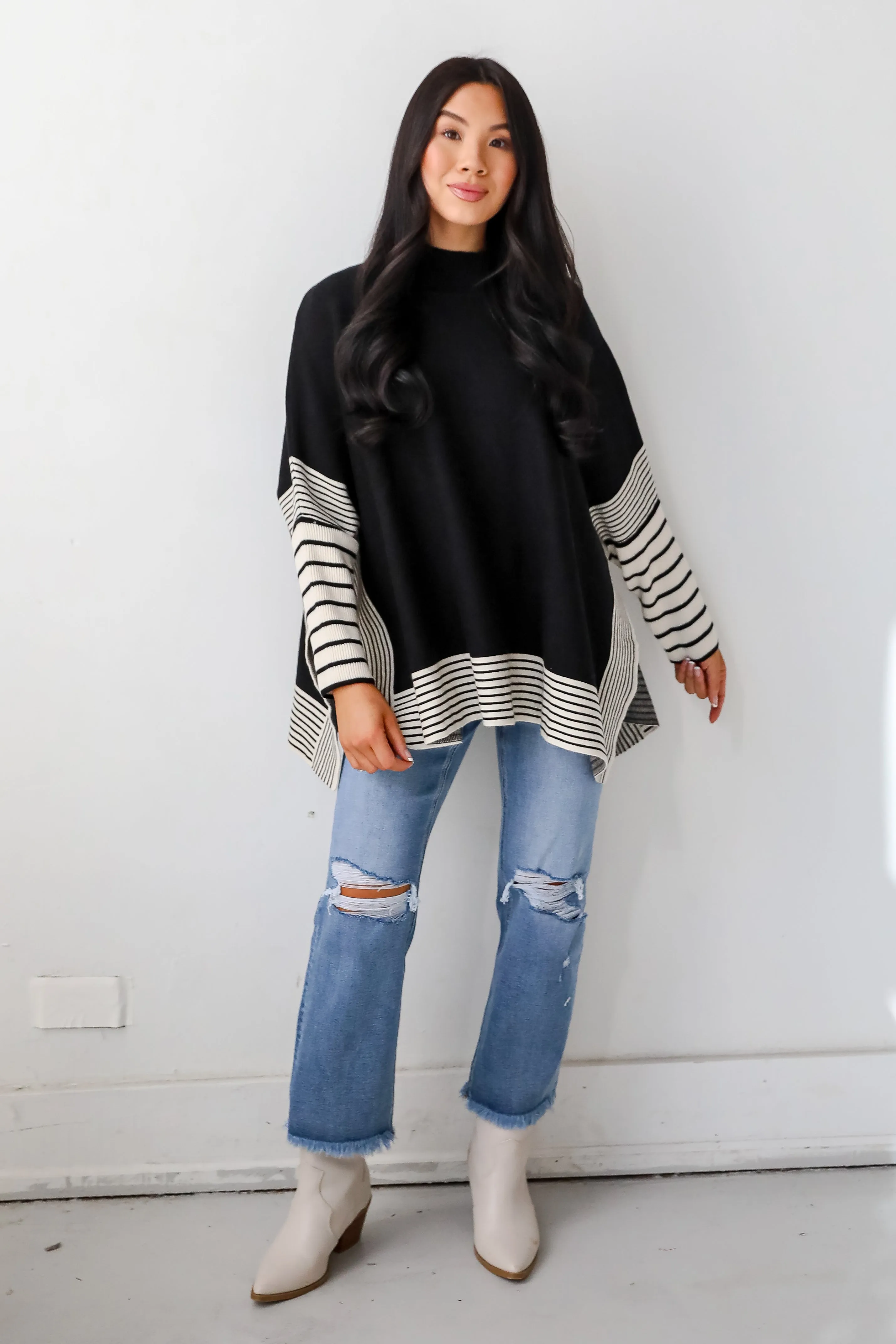 FINAL SALE - Cultivated Essential Black Striped Sweater Poncho