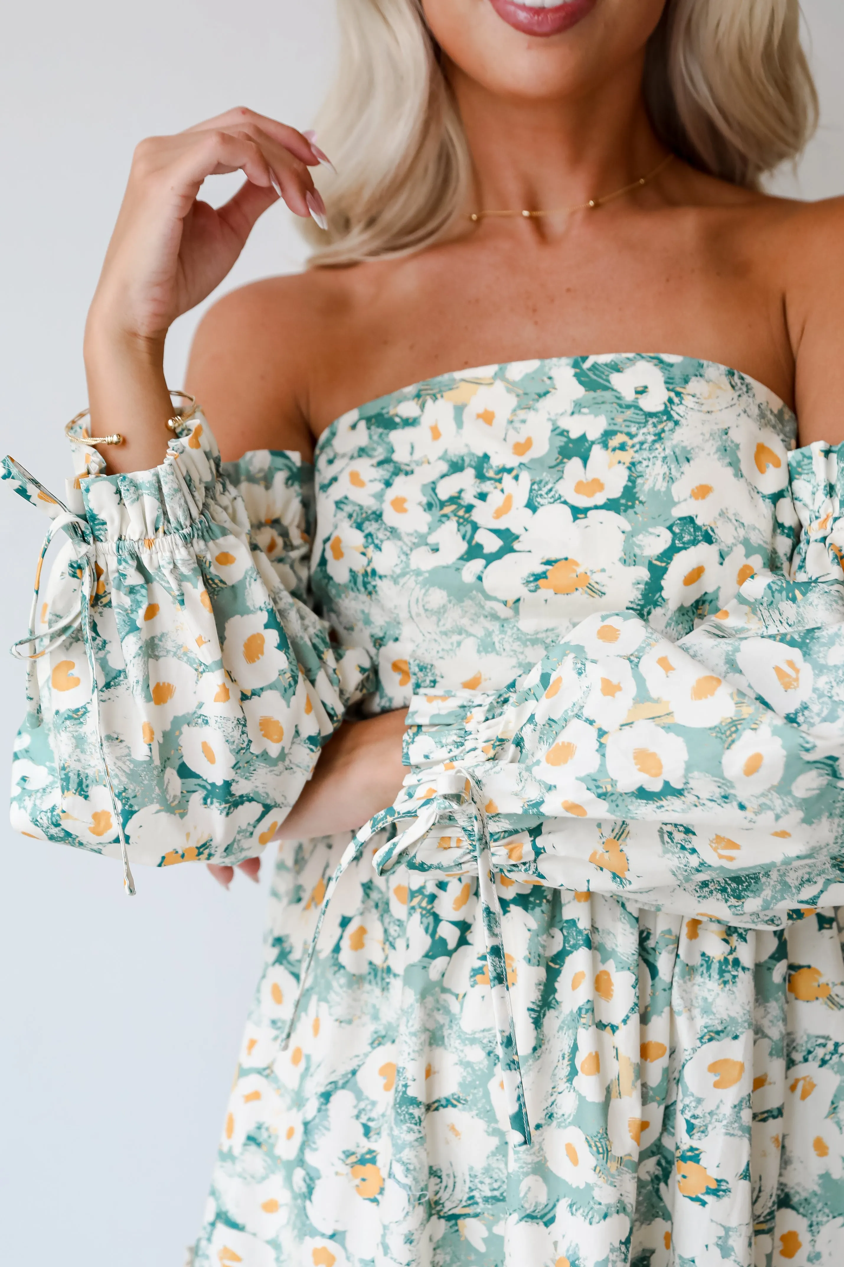 FINAL SALE - Delightful Aspect Sage Floral Off-The-Shoulder Midi Dress