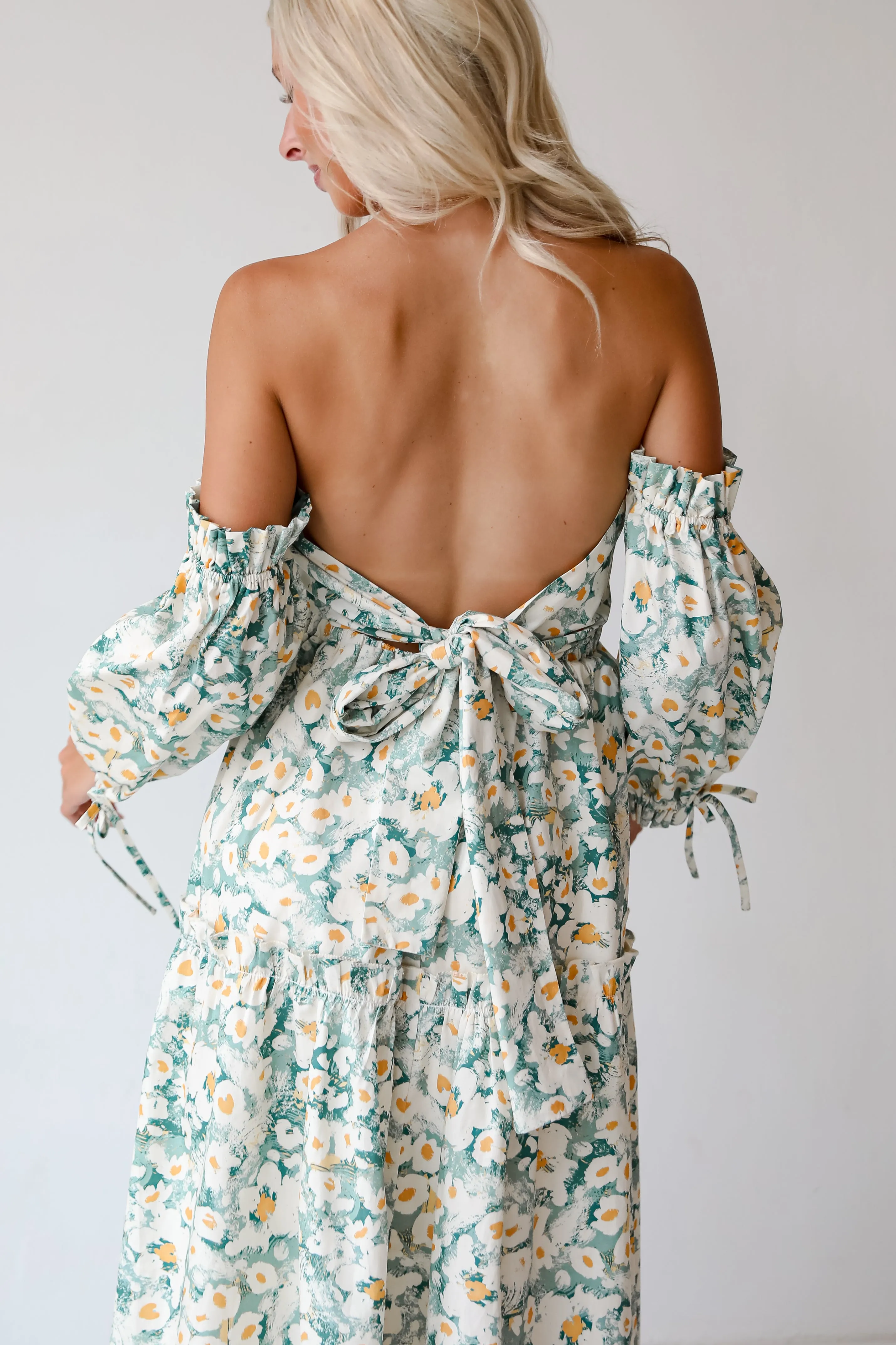 FINAL SALE - Delightful Aspect Sage Floral Off-The-Shoulder Midi Dress