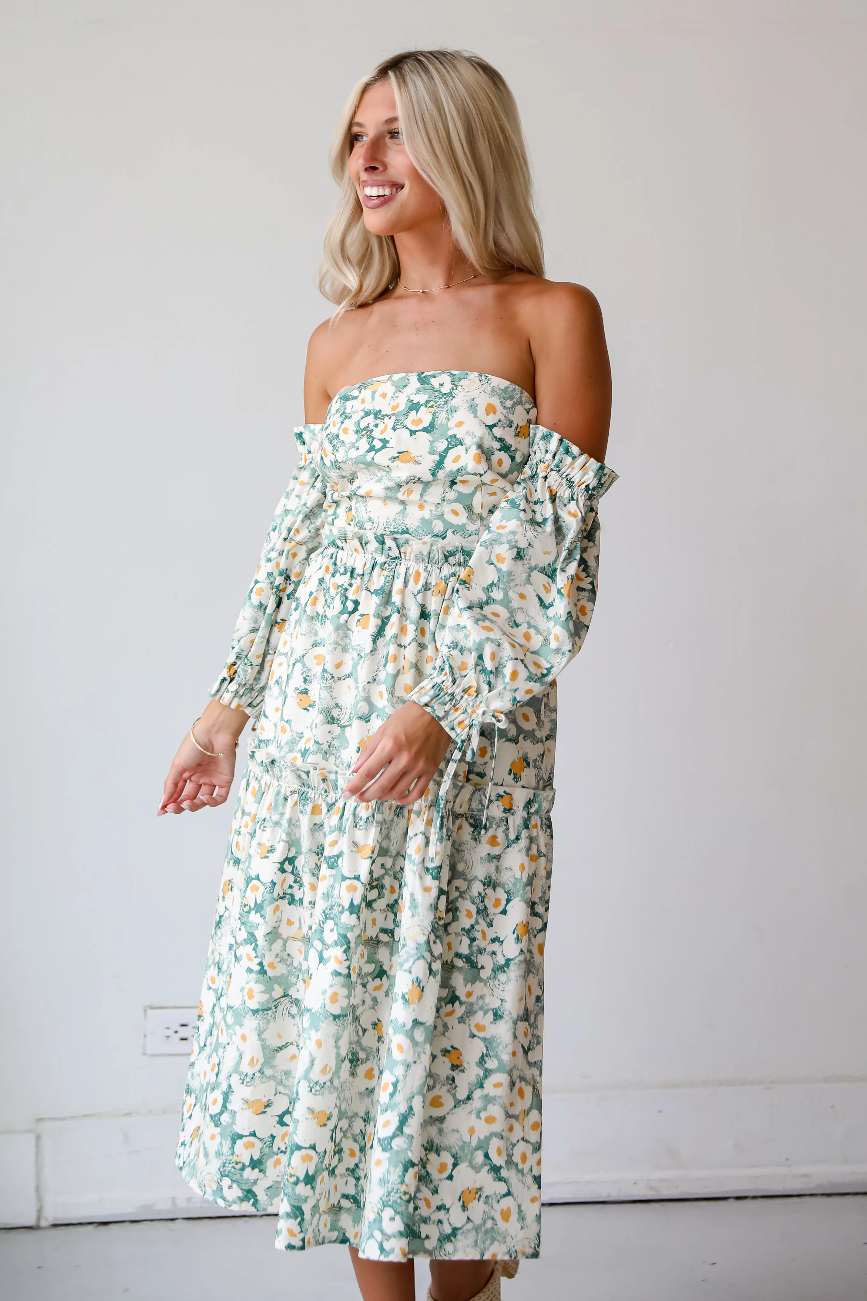 FINAL SALE - Delightful Aspect Sage Floral Off-The-Shoulder Midi Dress