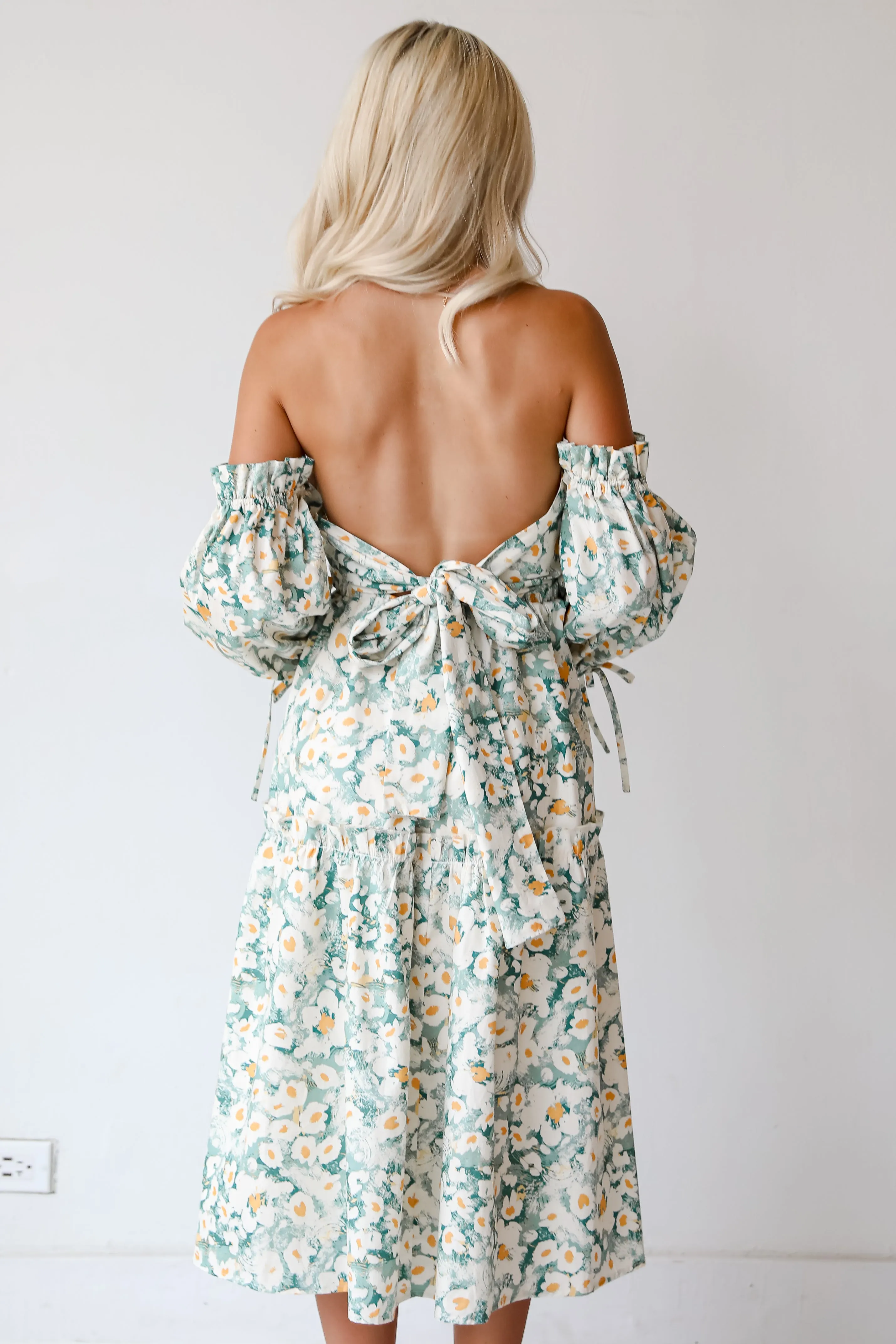 FINAL SALE - Delightful Aspect Sage Floral Off-The-Shoulder Midi Dress