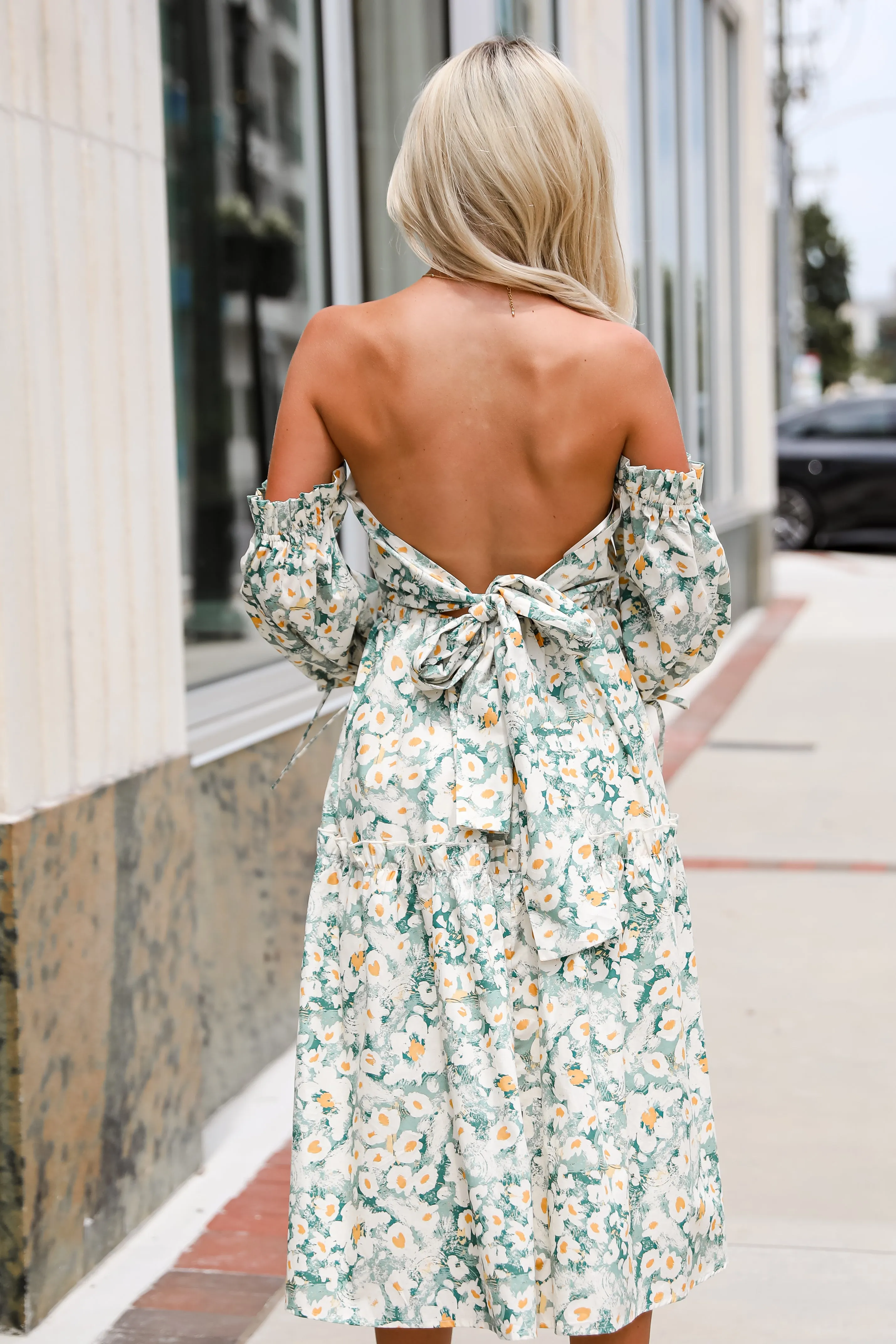 FINAL SALE - Delightful Aspect Sage Floral Off-The-Shoulder Midi Dress