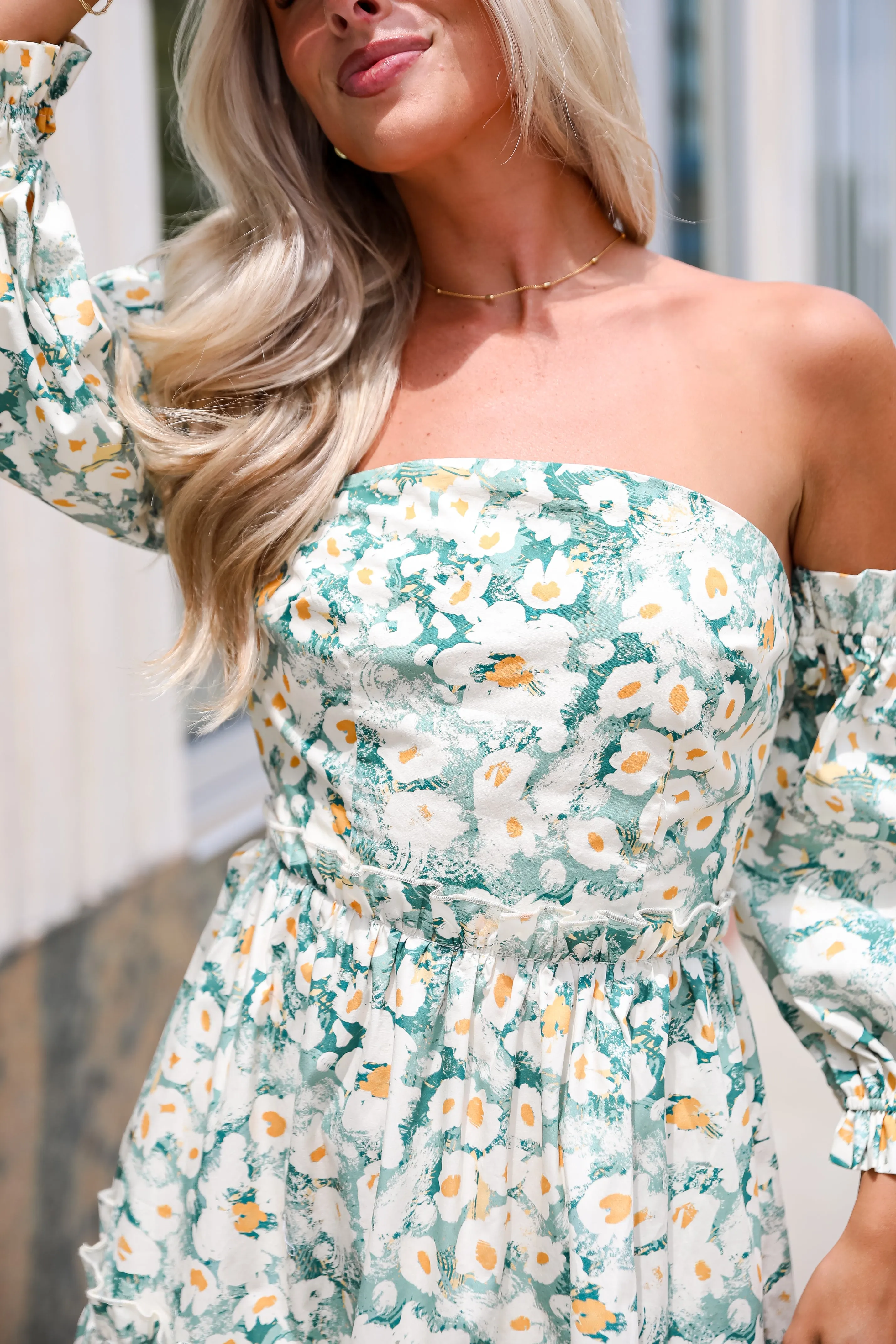 FINAL SALE - Delightful Aspect Sage Floral Off-The-Shoulder Midi Dress