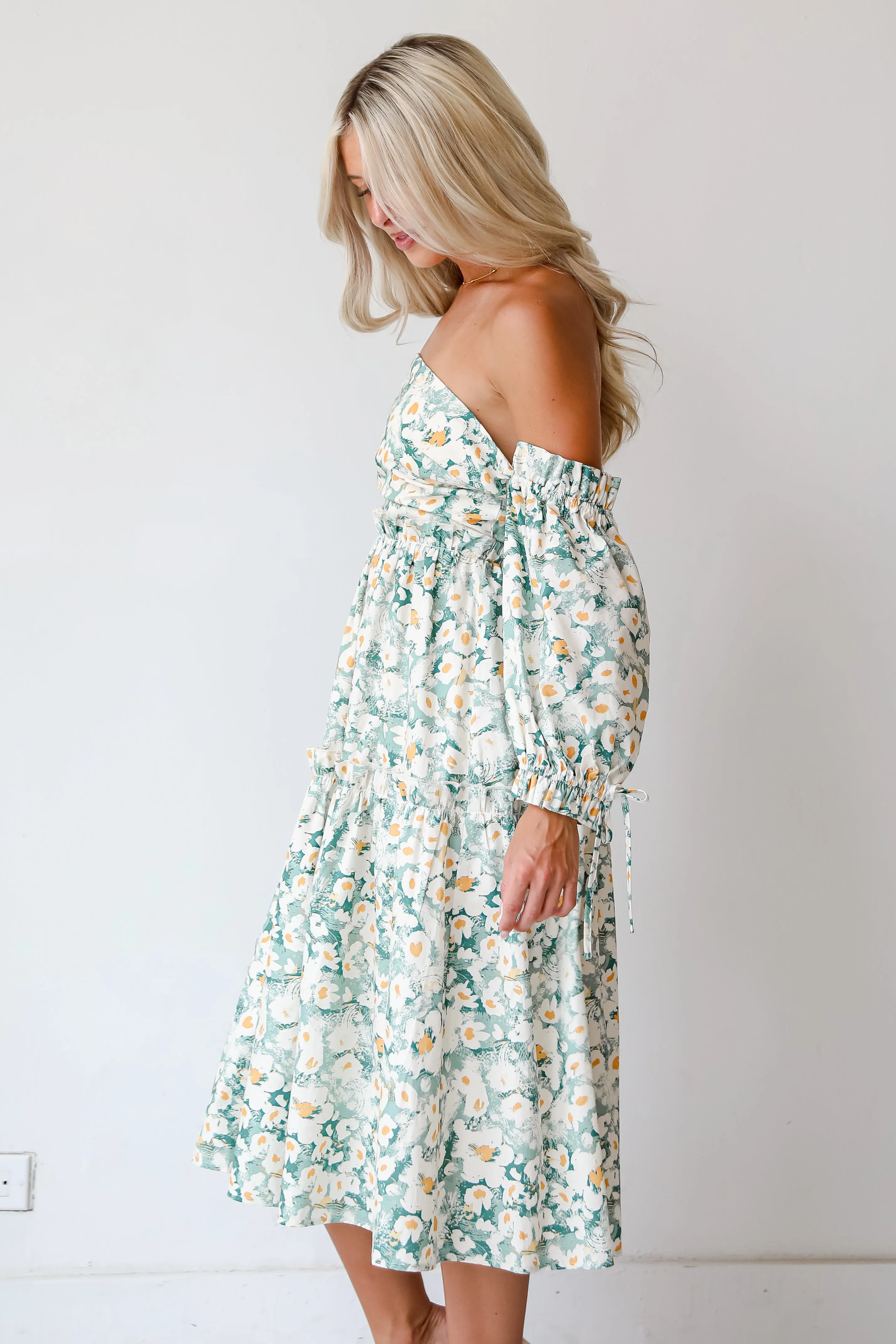 FINAL SALE - Delightful Aspect Sage Floral Off-The-Shoulder Midi Dress