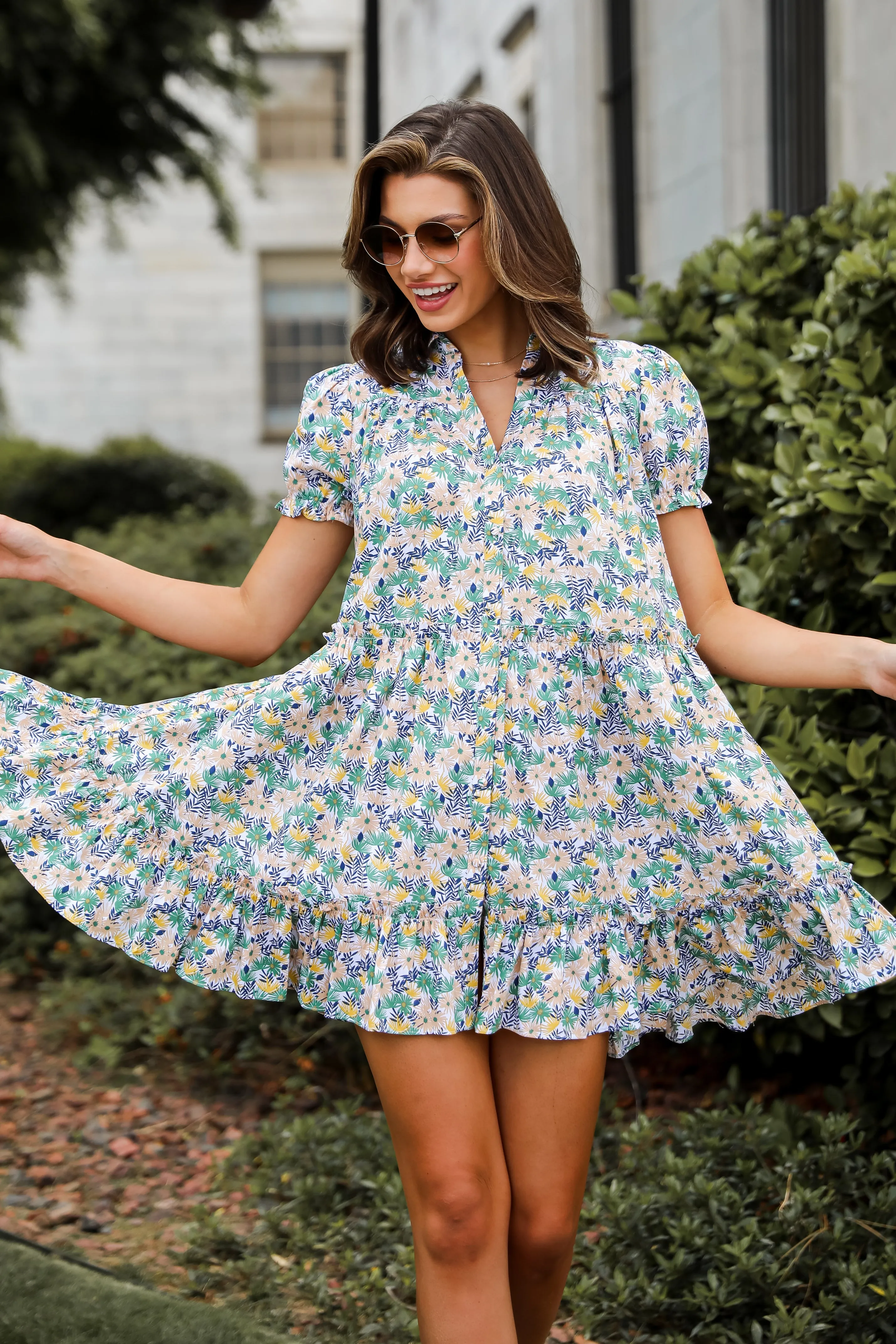FINAL SALE - Love In The Garden Green Floral Tiered Mini Dress