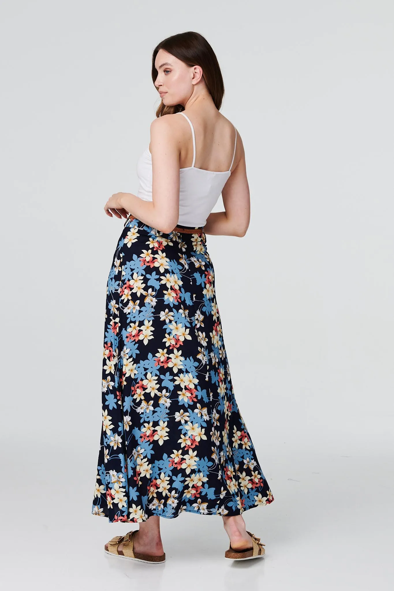 Floral Belted A-Line Maxi Skirt