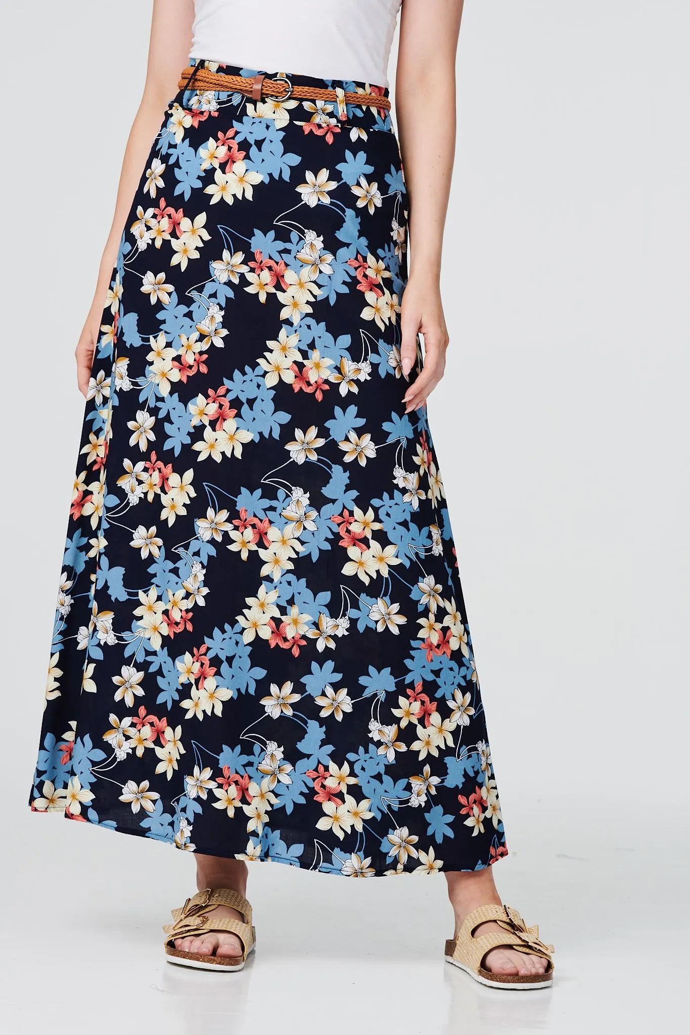 Floral Belted A-Line Maxi Skirt