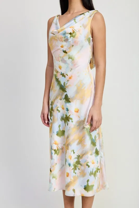 FLORAL MIDI COWL NECK DRESS