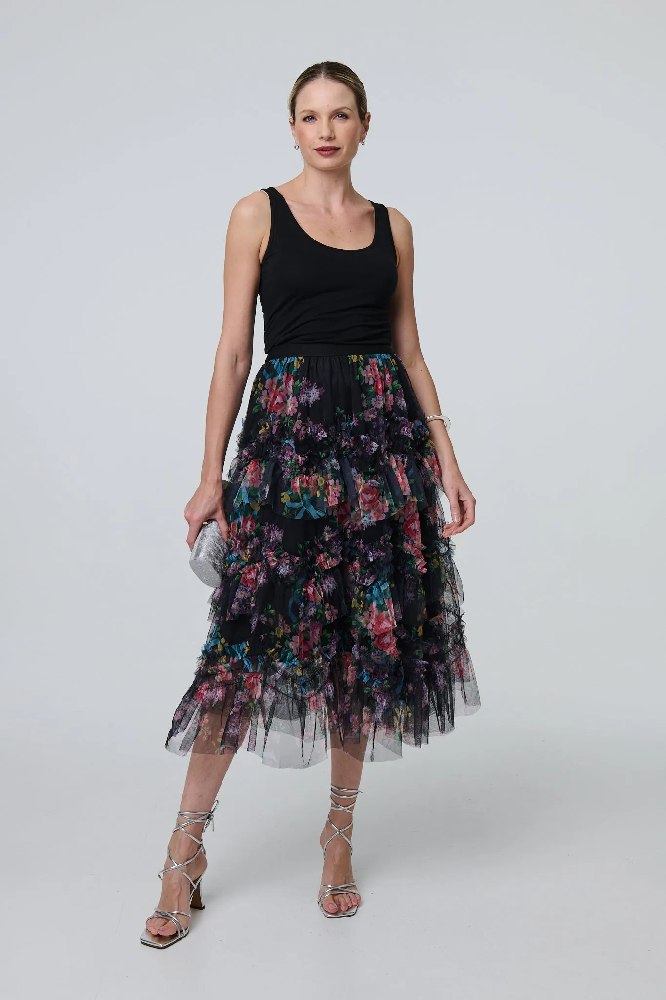 Floral Semi Sheer Mesh Ruffled Midi Skirt