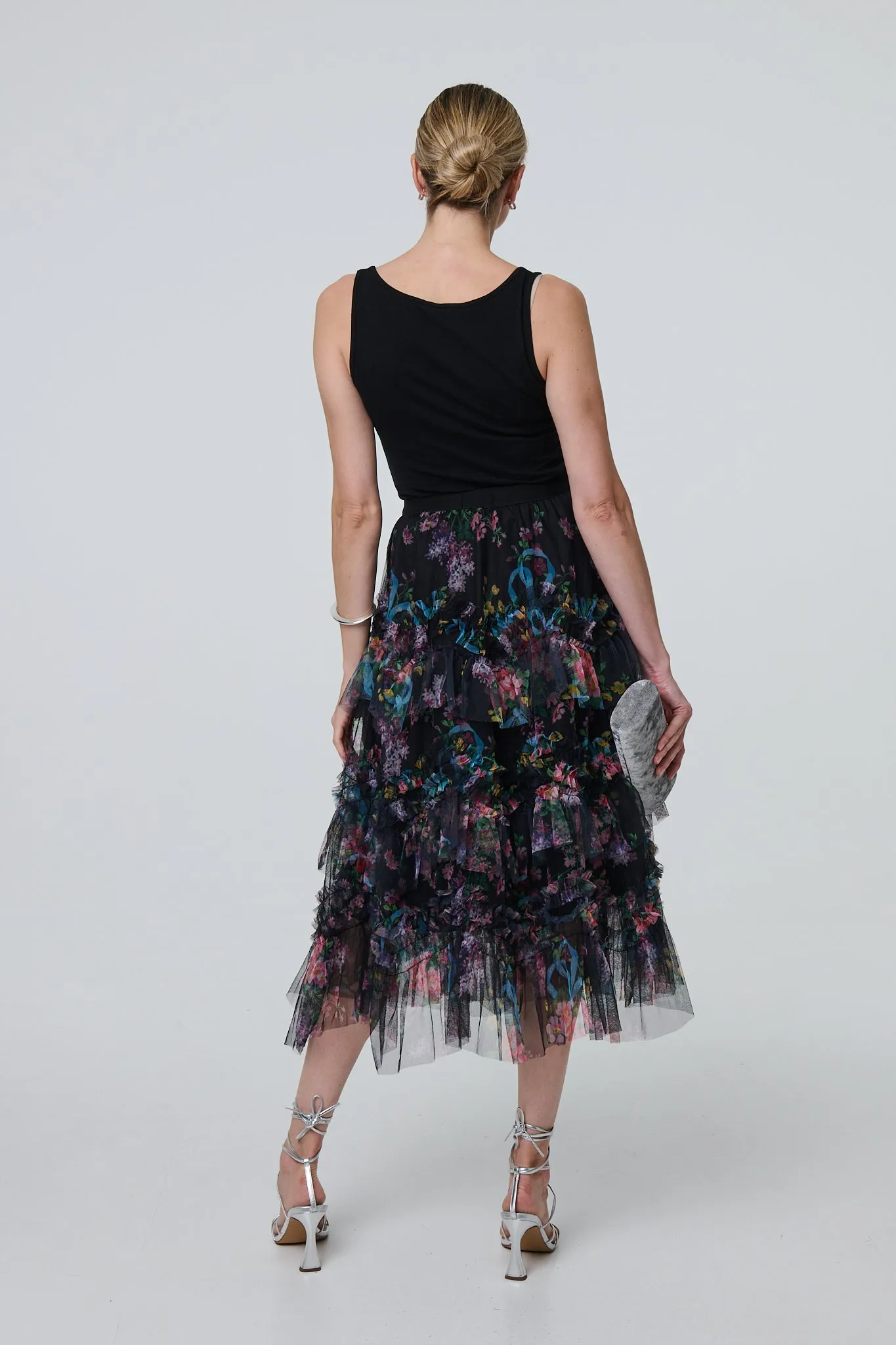 Floral Semi Sheer Mesh Ruffled Midi Skirt