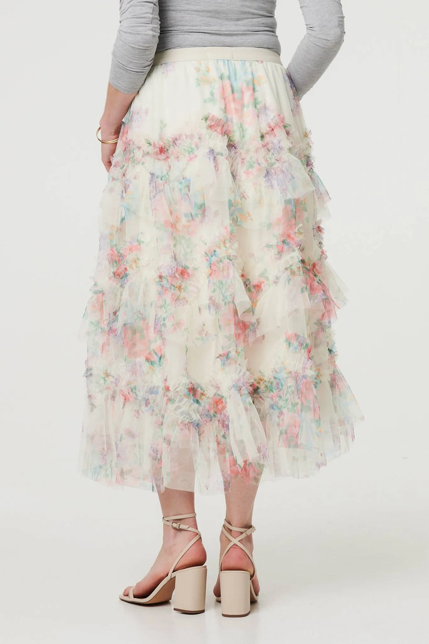 Floral Semi Sheer Mesh Ruffled Midi Skirt