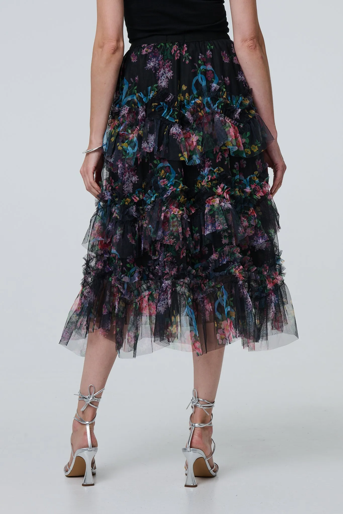 Floral Semi Sheer Mesh Ruffled Midi Skirt