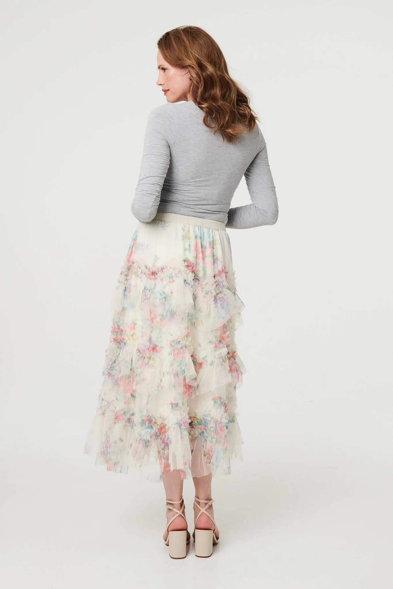 Floral Semi Sheer Mesh Ruffled Midi Skirt