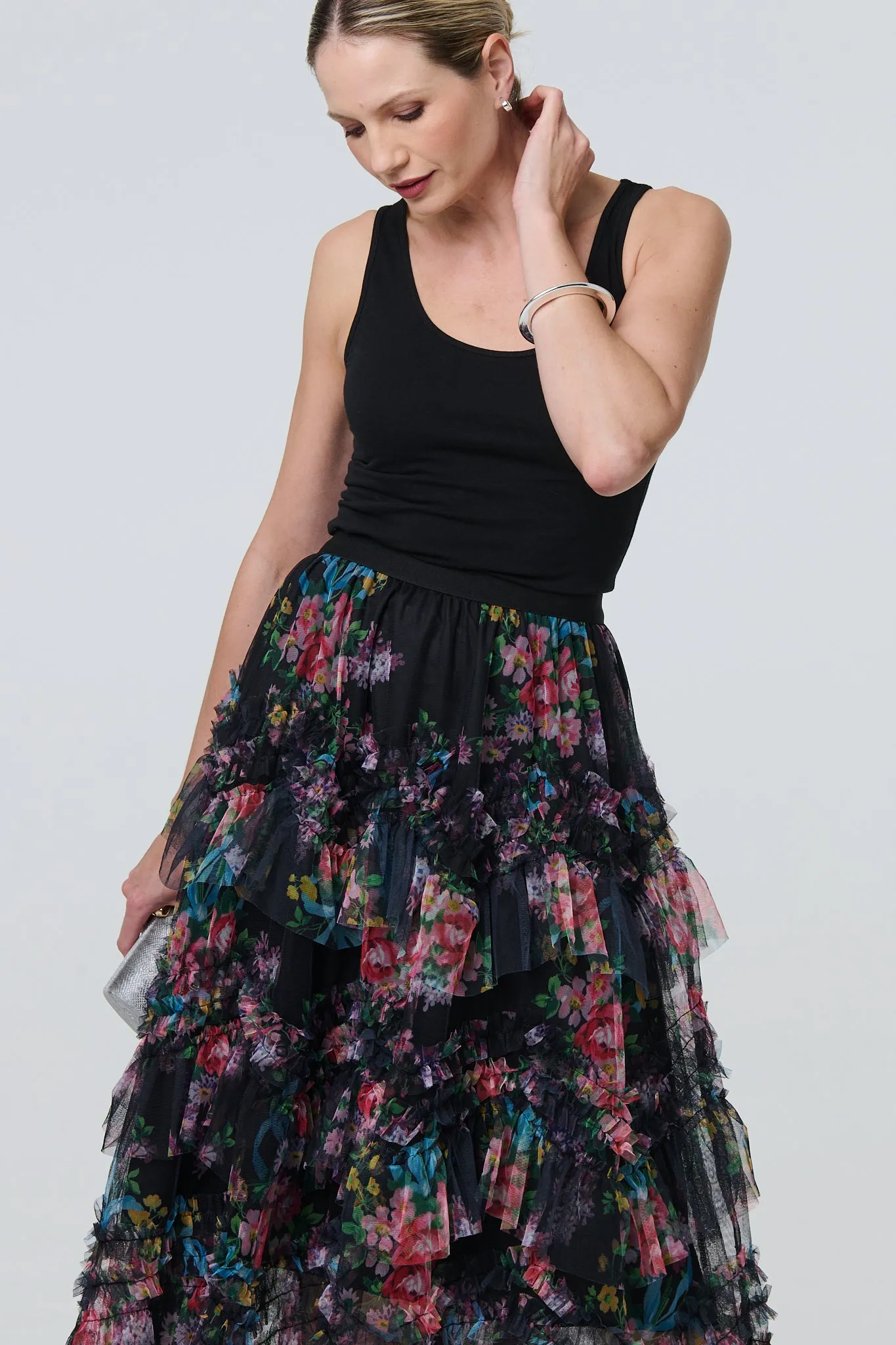 Floral Semi Sheer Mesh Ruffled Midi Skirt