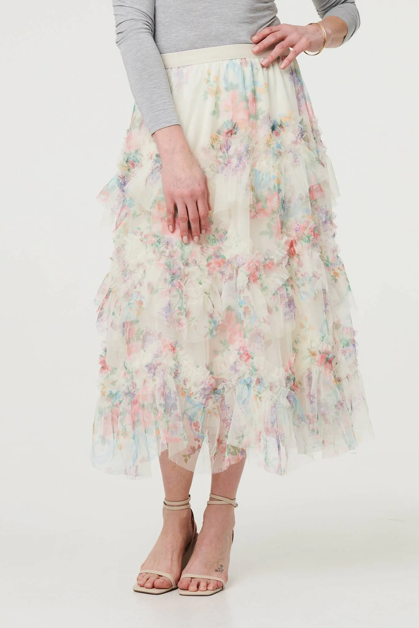 Floral Semi Sheer Mesh Ruffled Midi Skirt