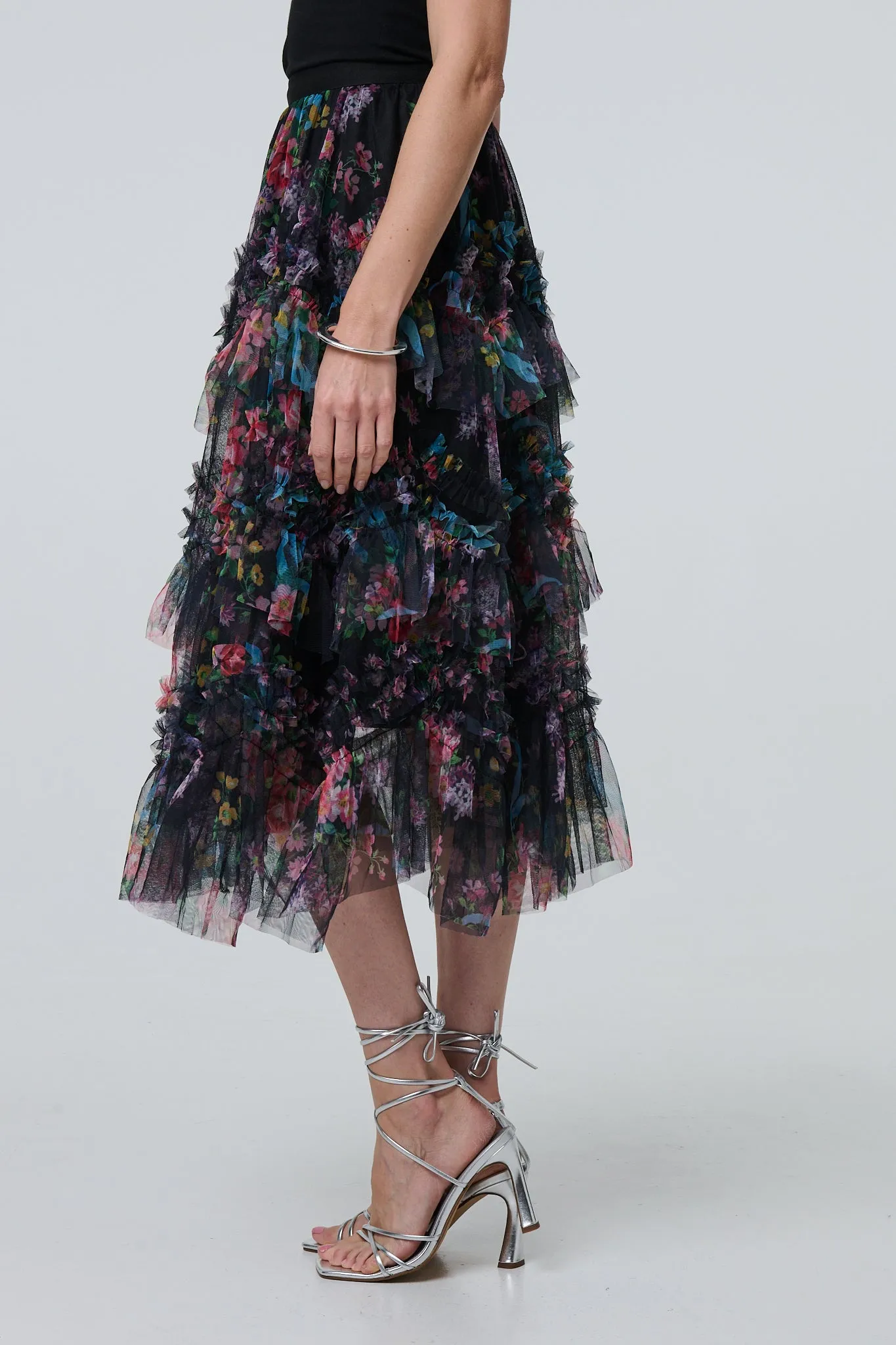 Floral Semi Sheer Mesh Ruffled Midi Skirt