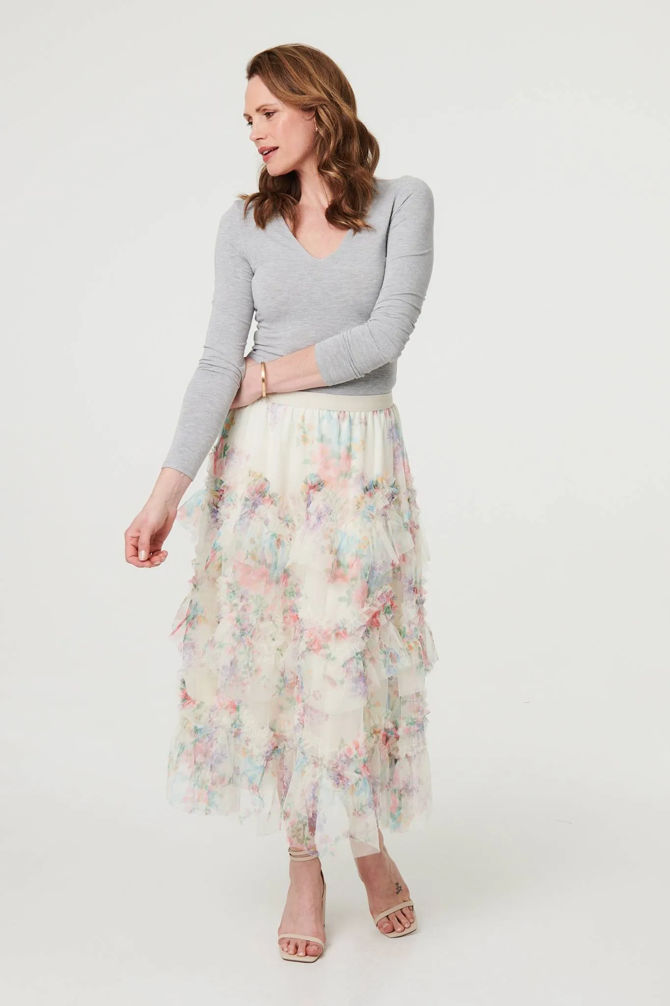 Floral Semi Sheer Mesh Ruffled Midi Skirt