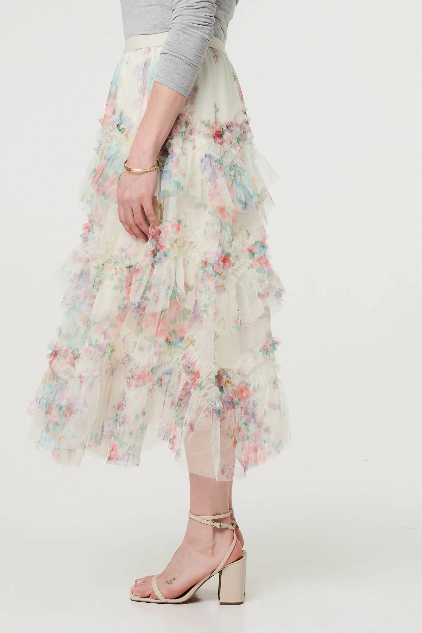 Floral Semi Sheer Mesh Ruffled Midi Skirt