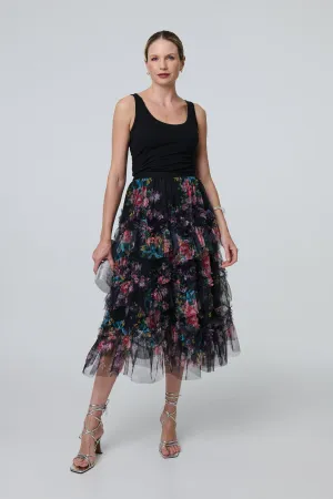 Floral Semi Sheer Mesh Ruffled Midi Skirt