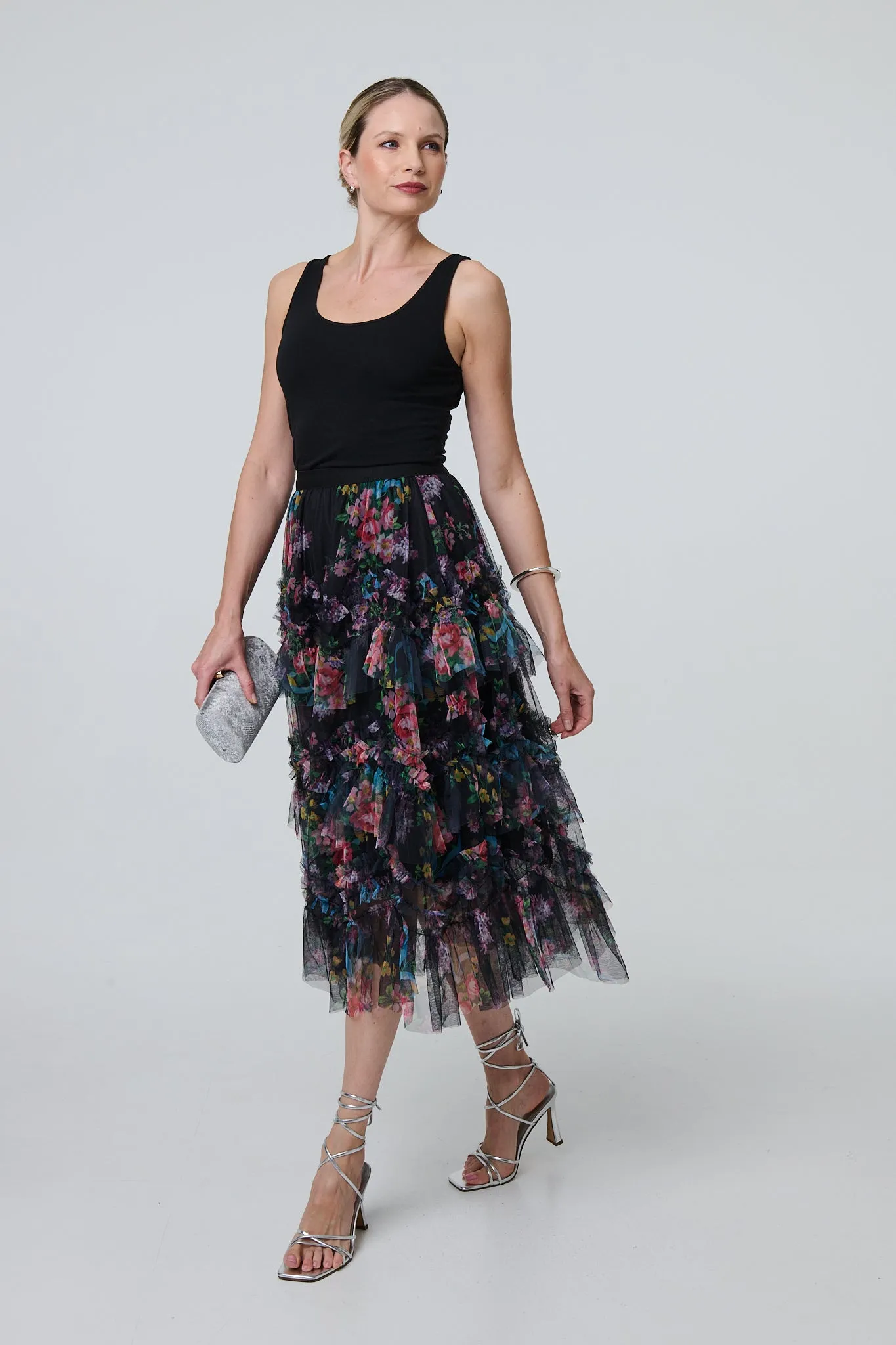 Floral Semi Sheer Mesh Ruffled Midi Skirt