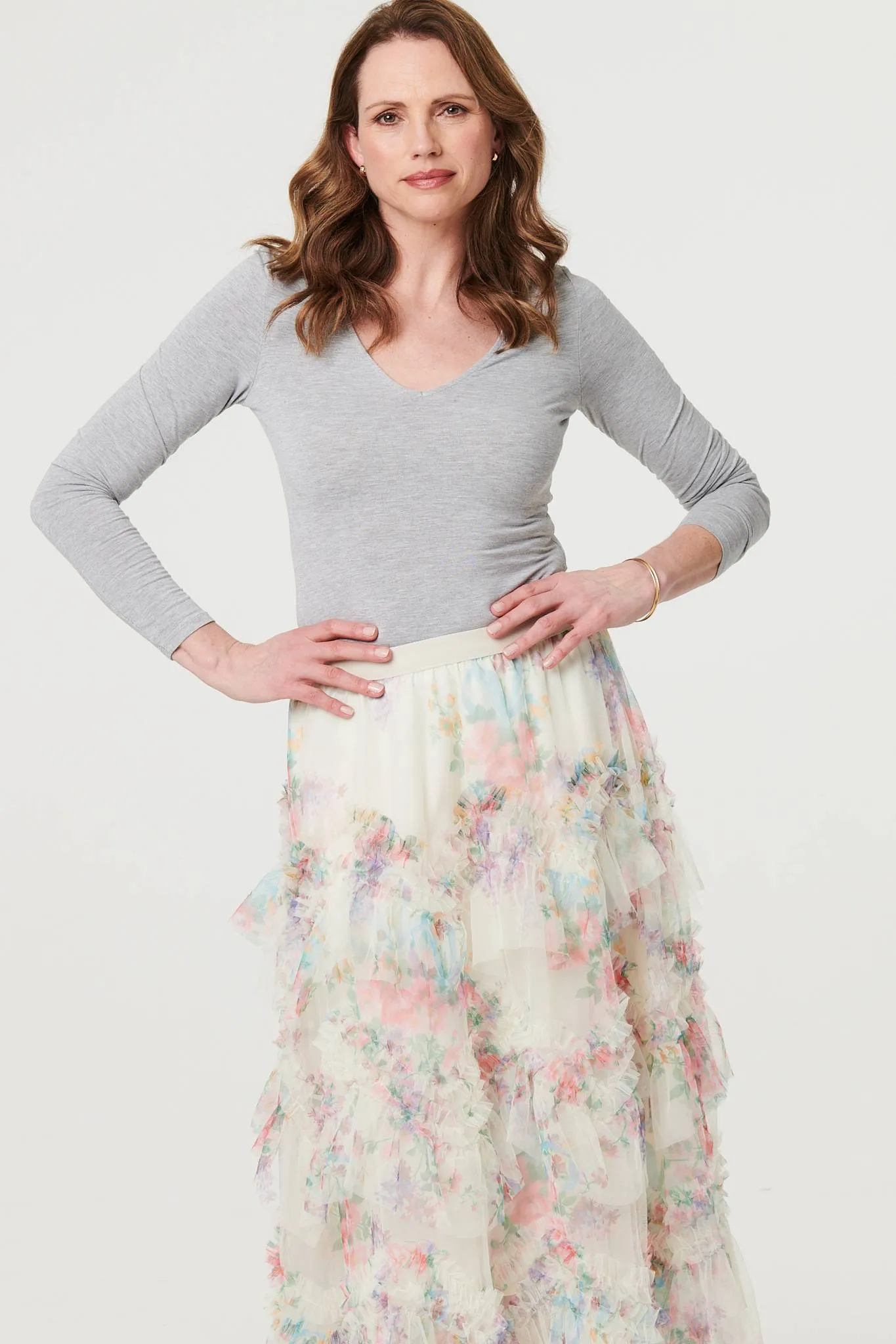 Floral Semi Sheer Mesh Ruffled Midi Skirt