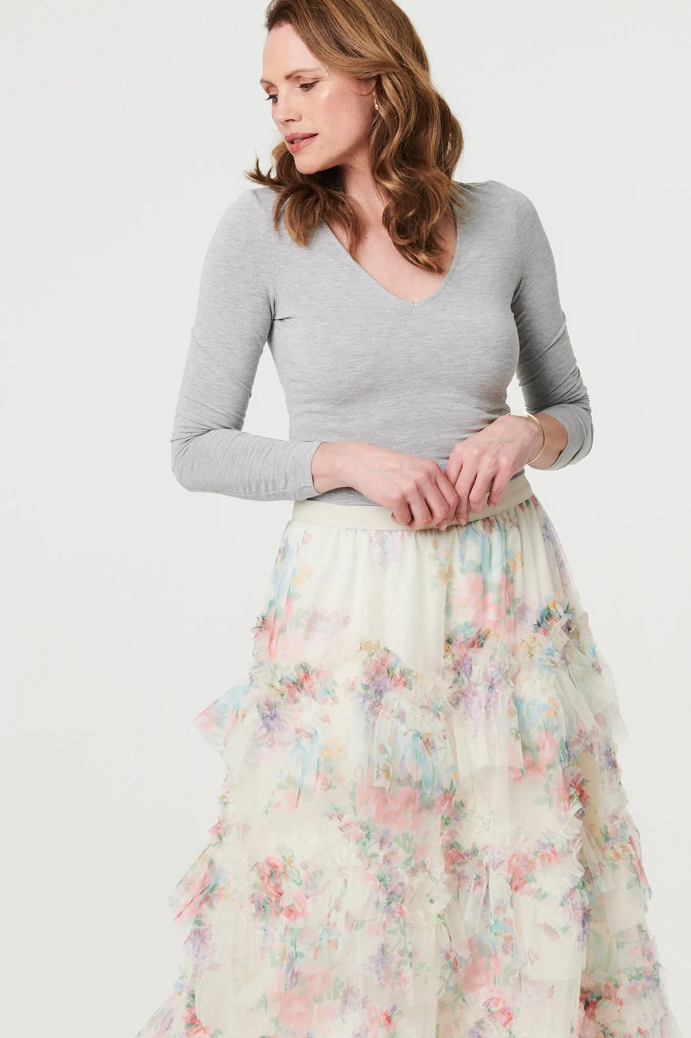 Floral Semi Sheer Mesh Ruffled Midi Skirt