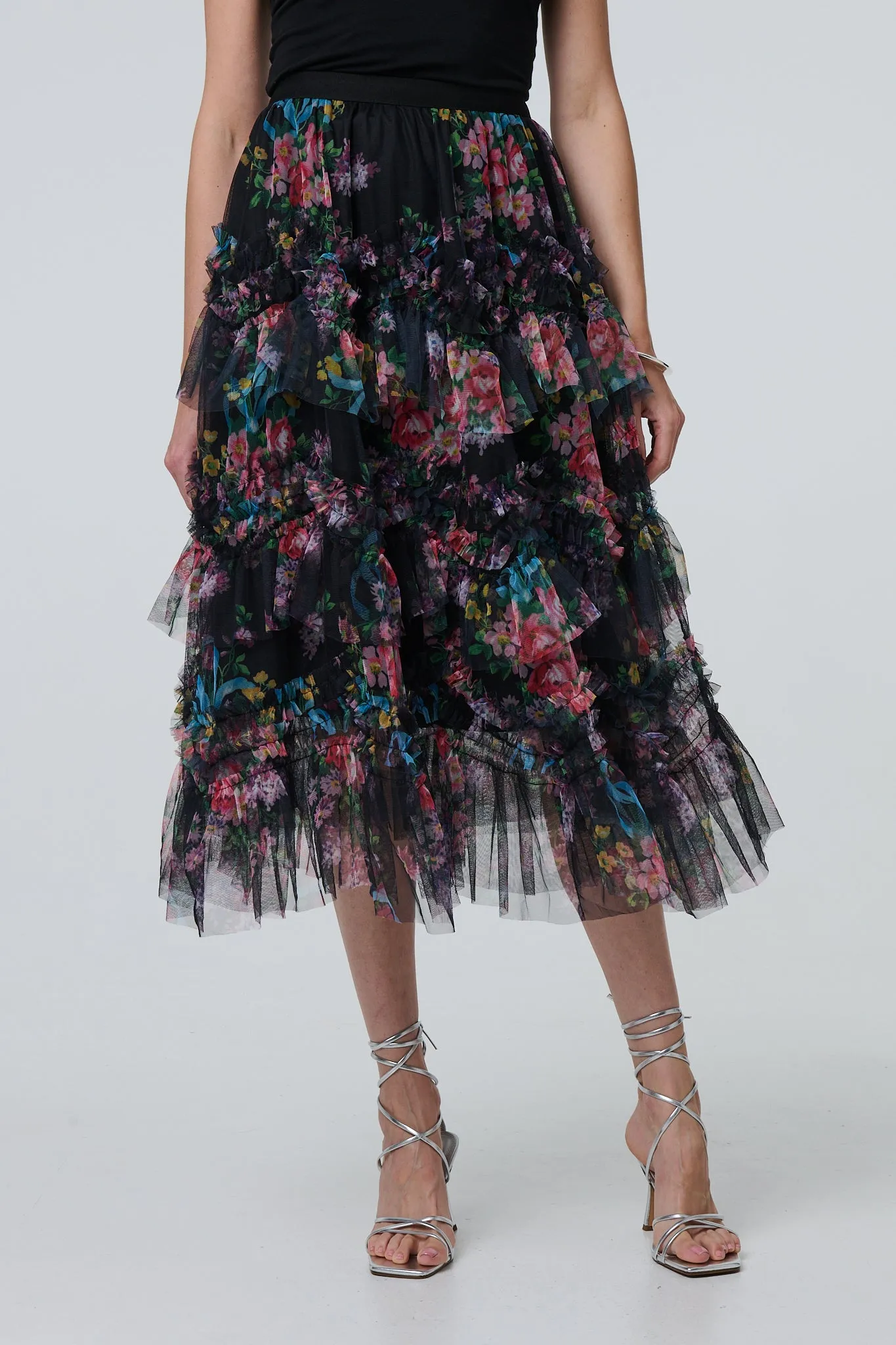 Floral Semi Sheer Mesh Ruffled Midi Skirt