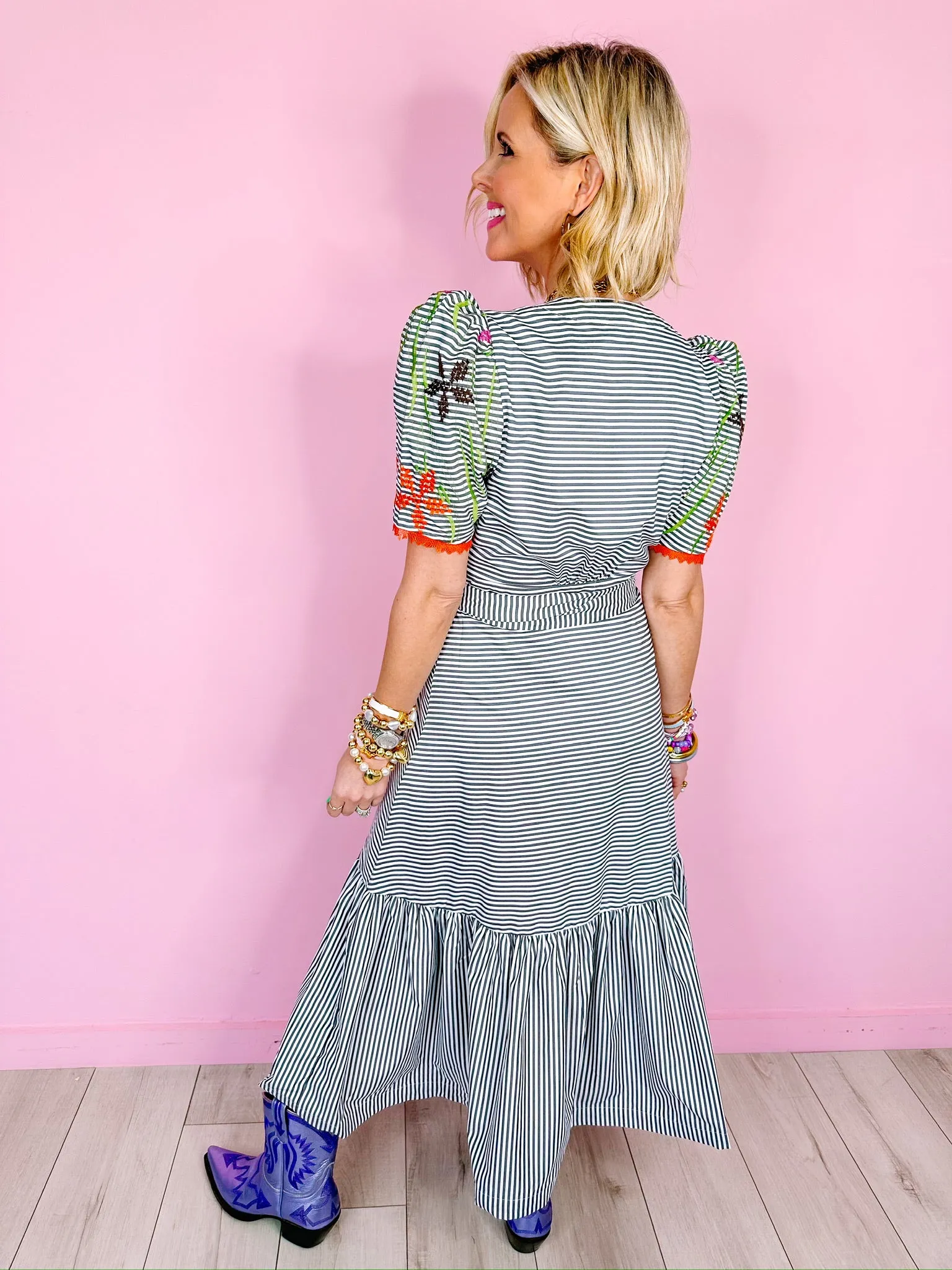 FLORALS IN THE WIND STRIPE EMBROIDERED WRAP MIDI DRESS - BLACK