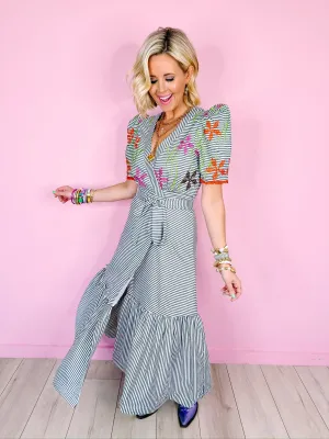 FLORALS IN THE WIND STRIPE EMBROIDERED WRAP MIDI DRESS - BLACK