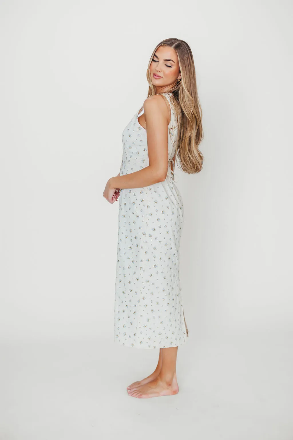 Florence Vest Detail Midi Dress in Blue Floral