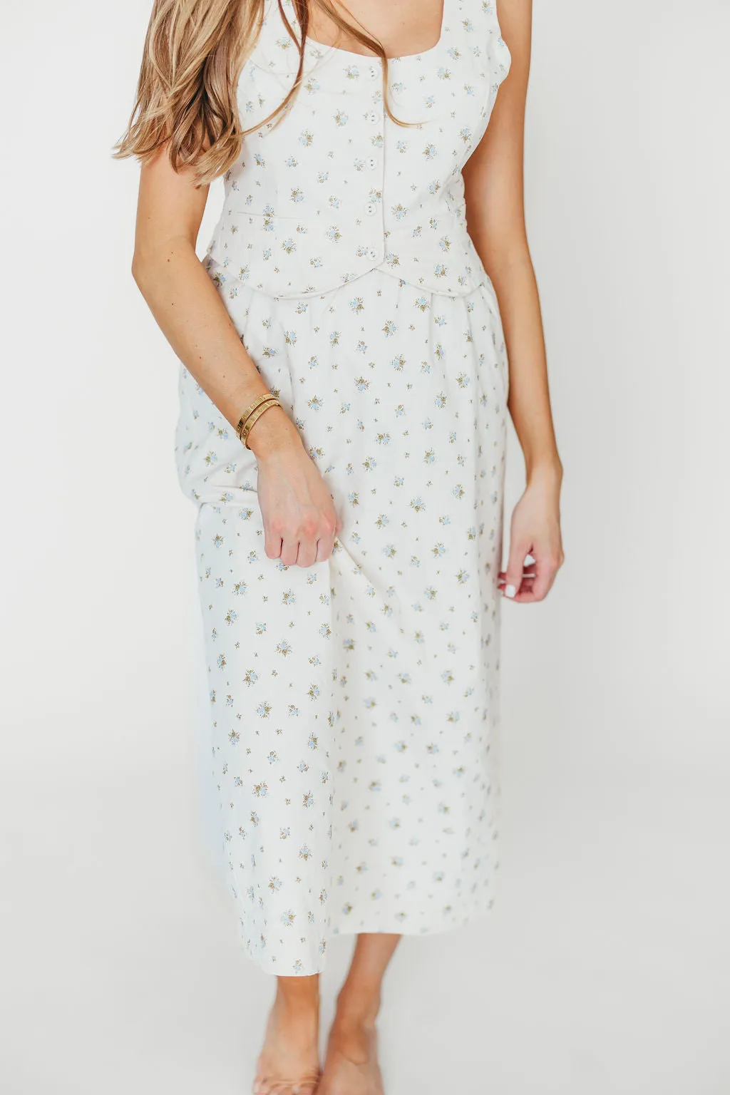 Florence Vest Detail Midi Dress in Blue Floral