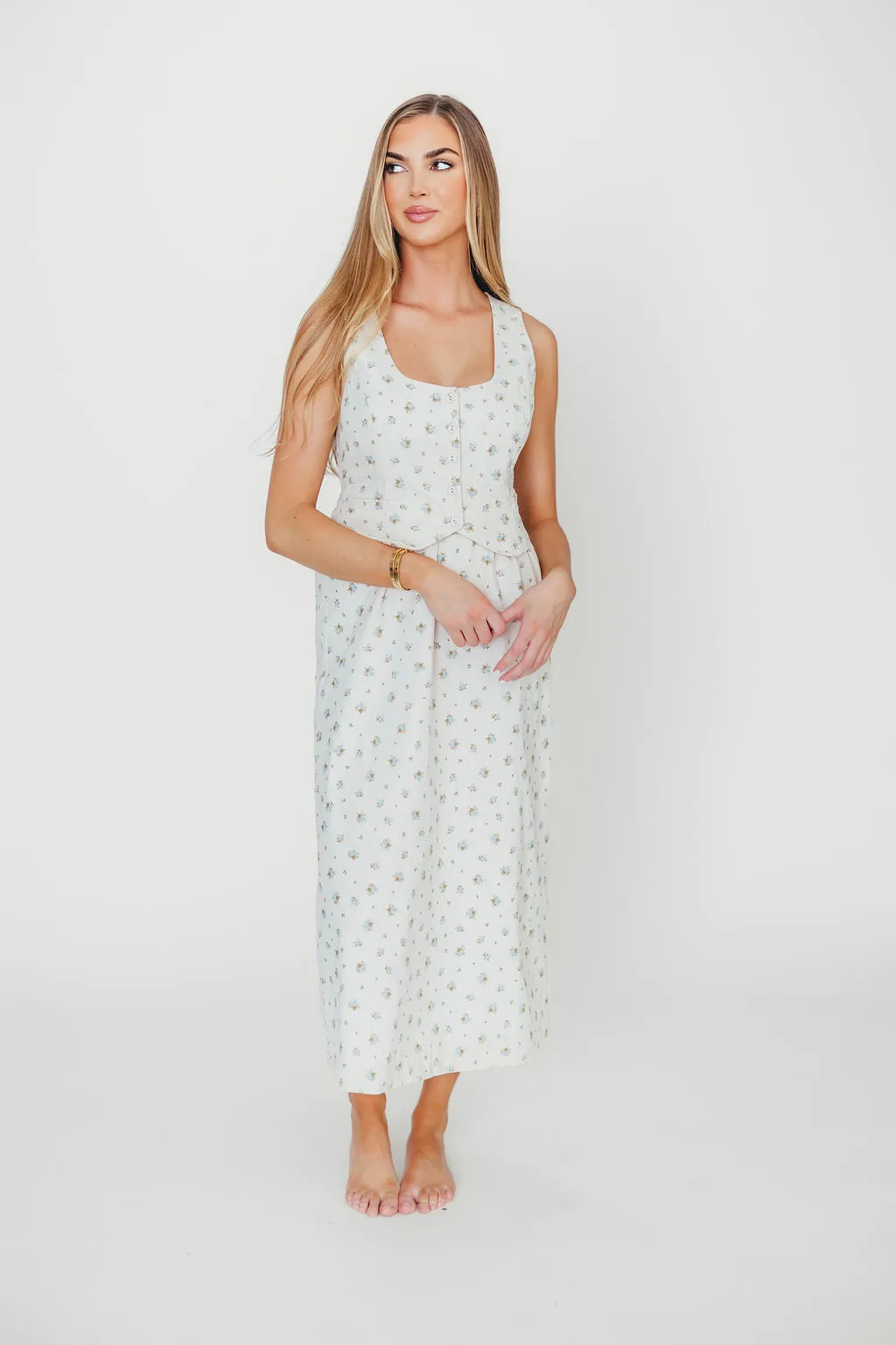 Florence Vest Detail Midi Dress in Blue Floral