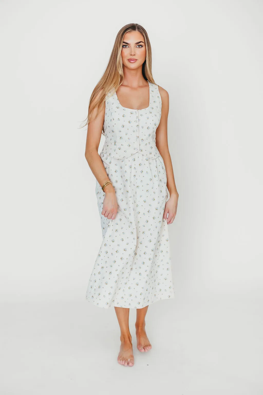 Florence Vest Detail Midi Dress in Blue Floral