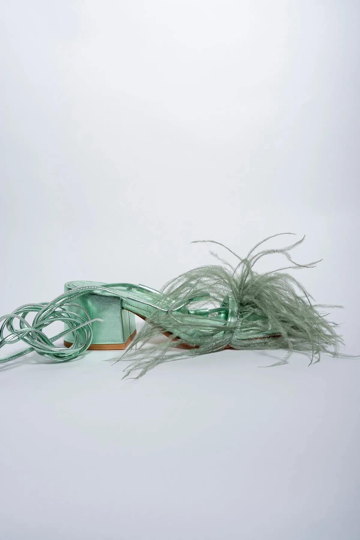 GREEN FEATHER STRAPPY SANDAL