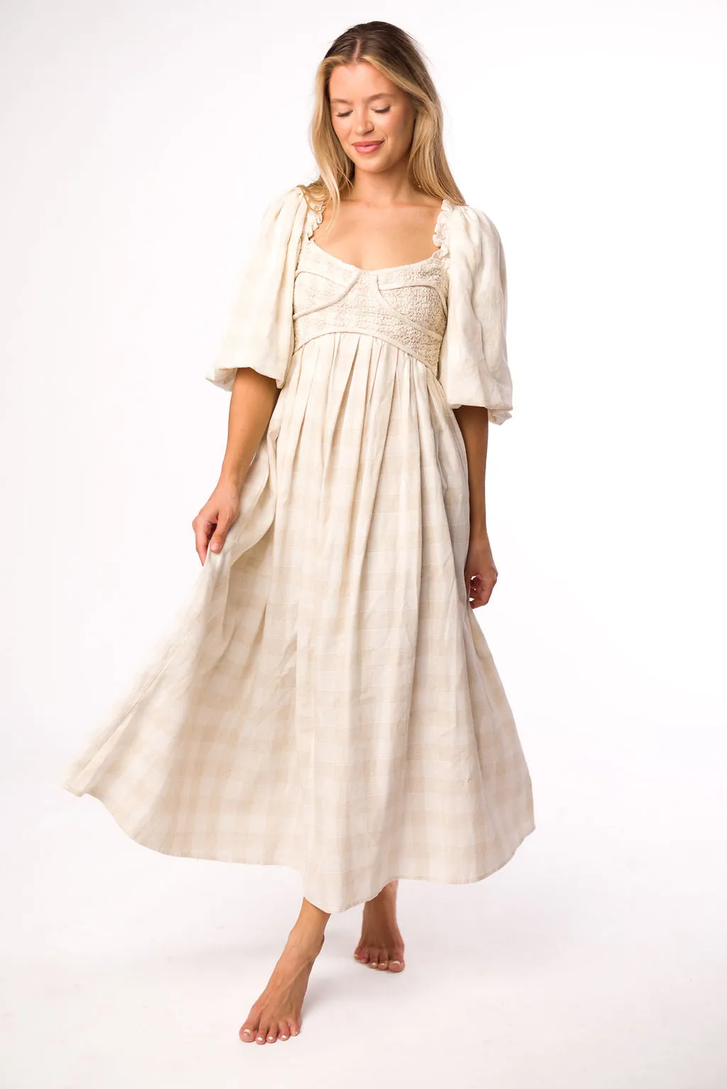 Harlow Maxi Dress in Natural Plaid - Bump Friendly (S-3XL)