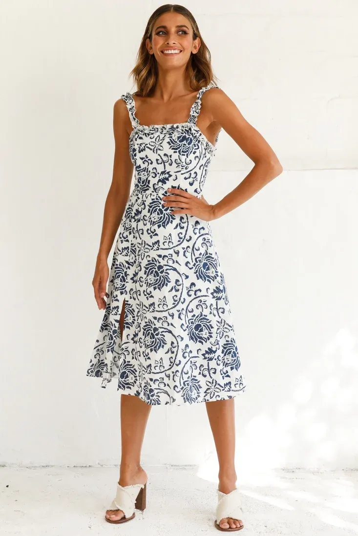 Magdalene Frill Strap A-Line Midi Dress Floral Print White