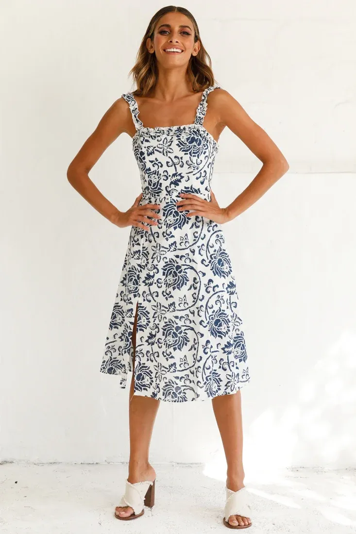 Magdalene Frill Strap A-Line Midi Dress Floral Print White