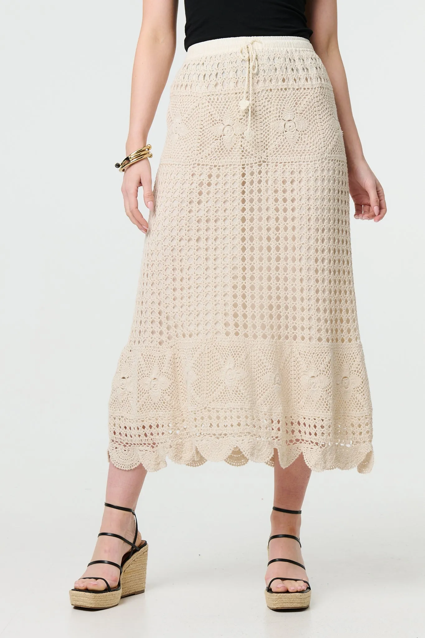 Mesh Crochet Texture Tie Waist Midi Skirt
