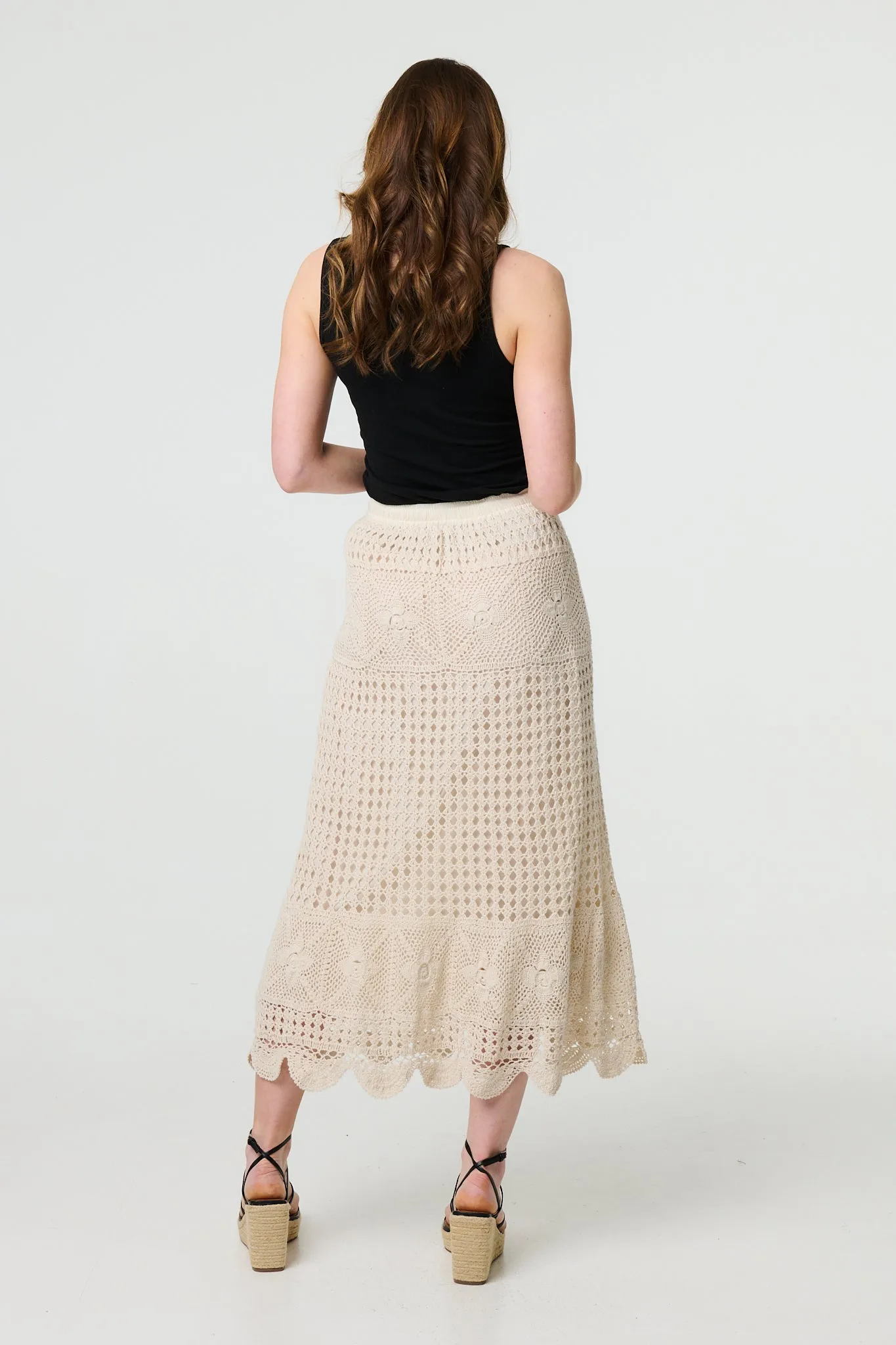 Mesh Crochet Texture Tie Waist Midi Skirt