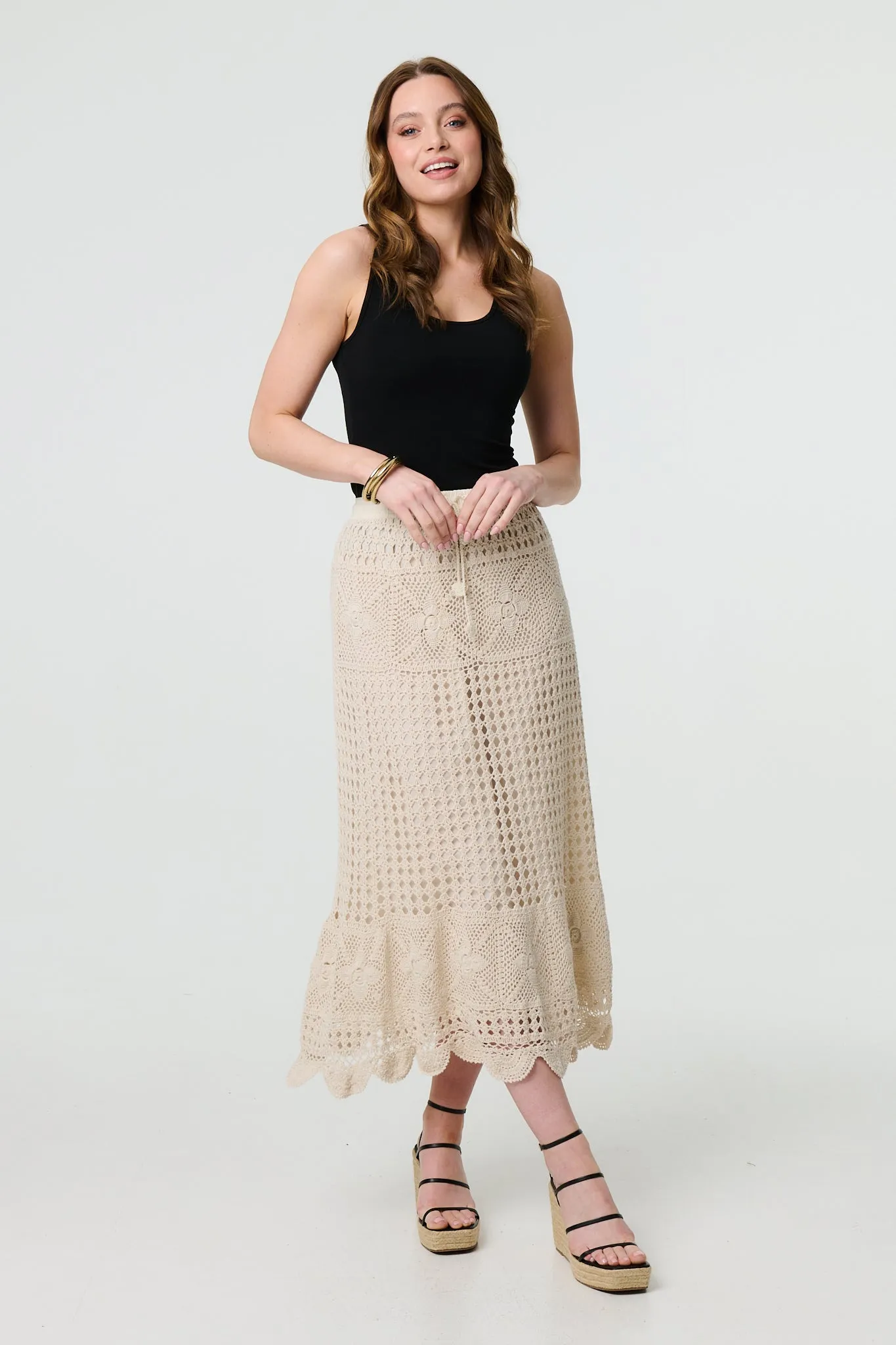 Mesh Crochet Texture Tie Waist Midi Skirt