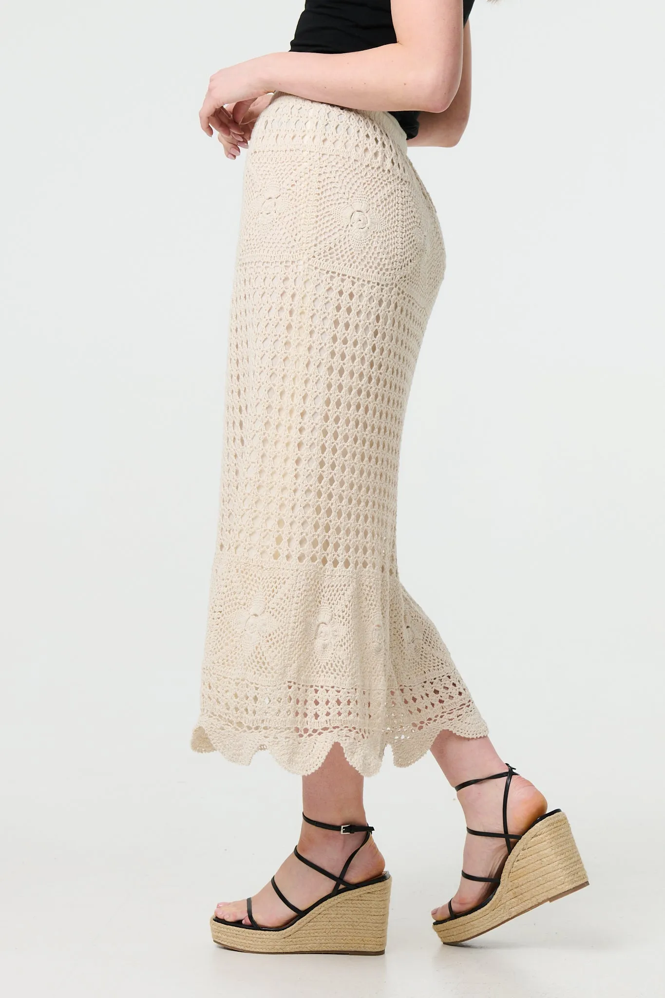 Mesh Crochet Texture Tie Waist Midi Skirt