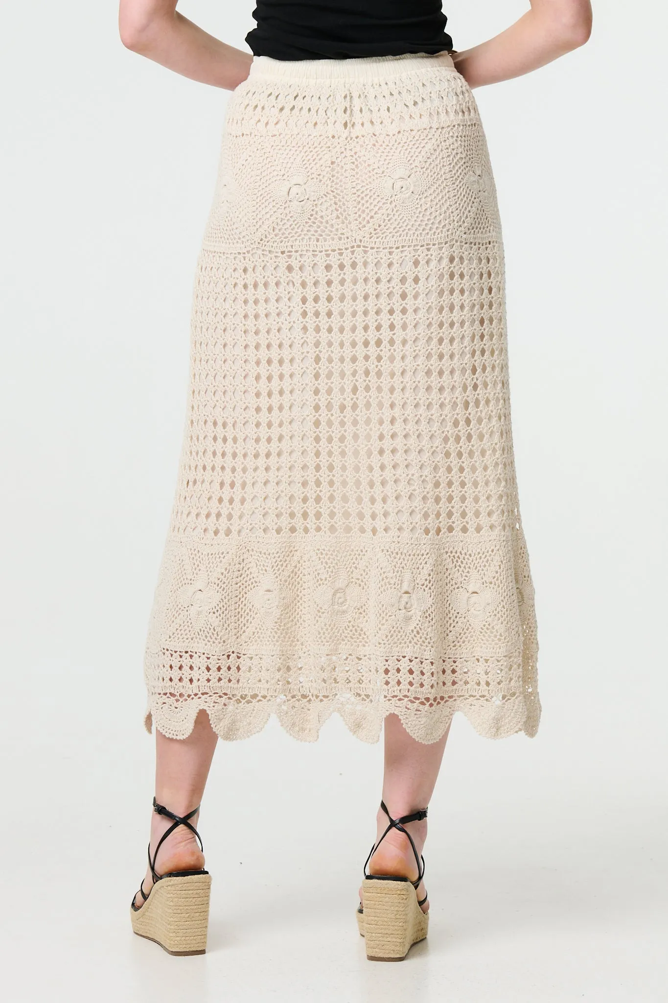 Mesh Crochet Texture Tie Waist Midi Skirt