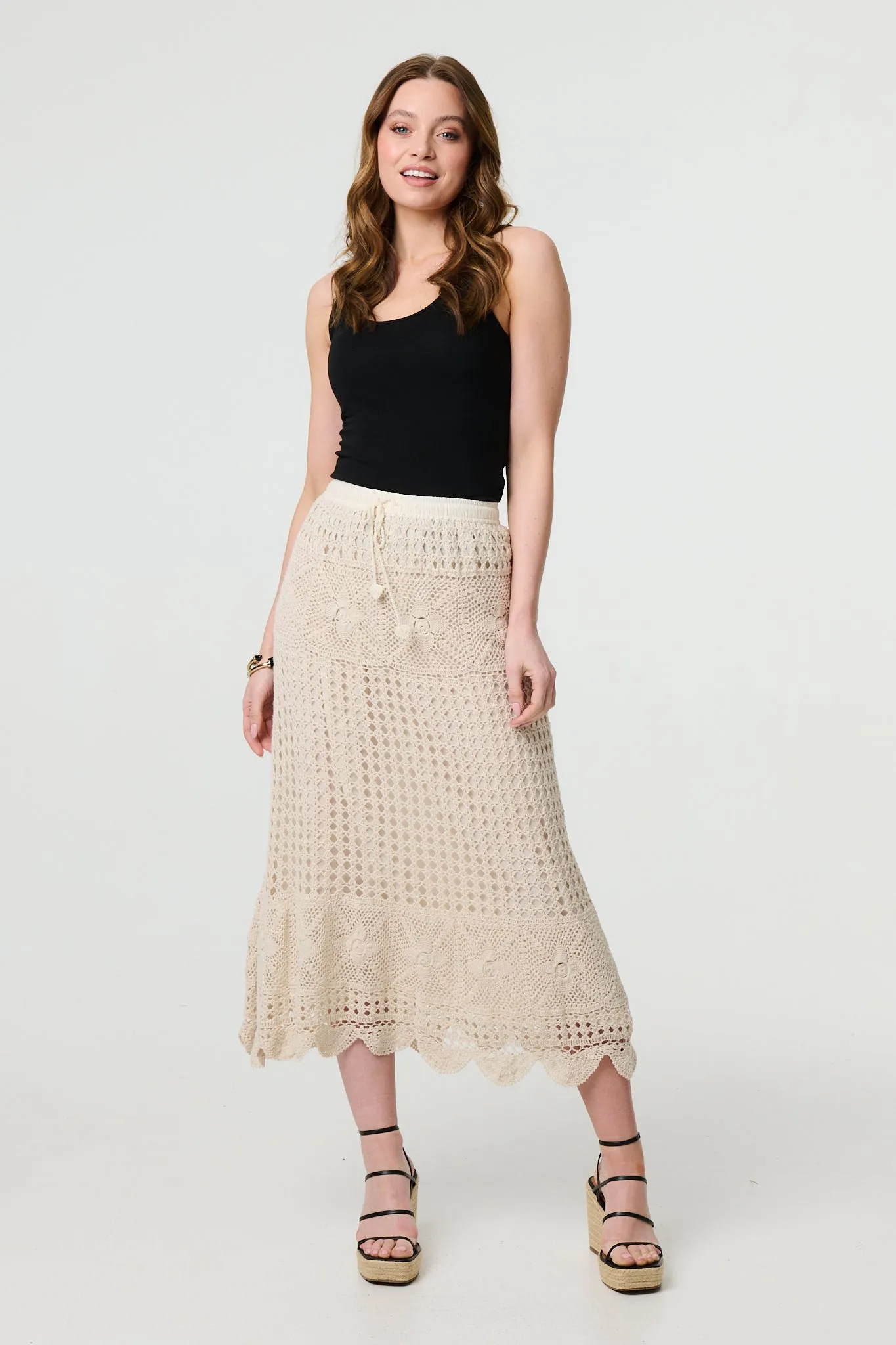 Mesh Crochet Texture Tie Waist Midi Skirt