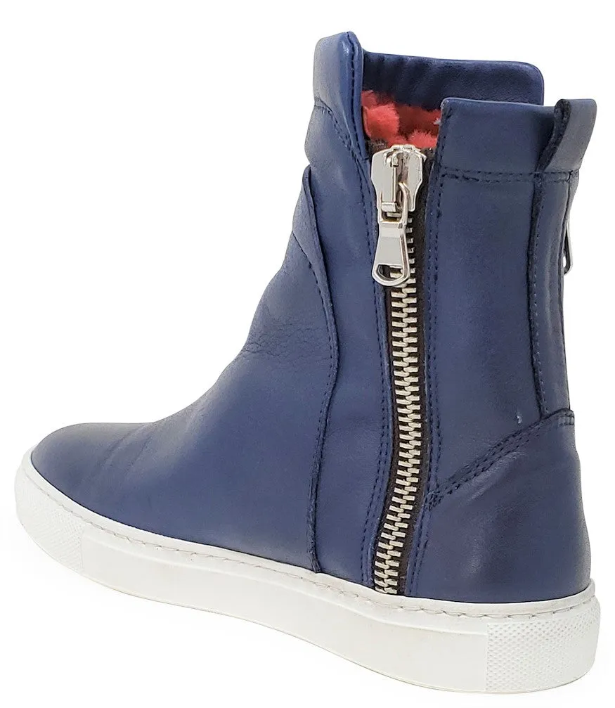 Navy Leather Double Zip Shearling Boot